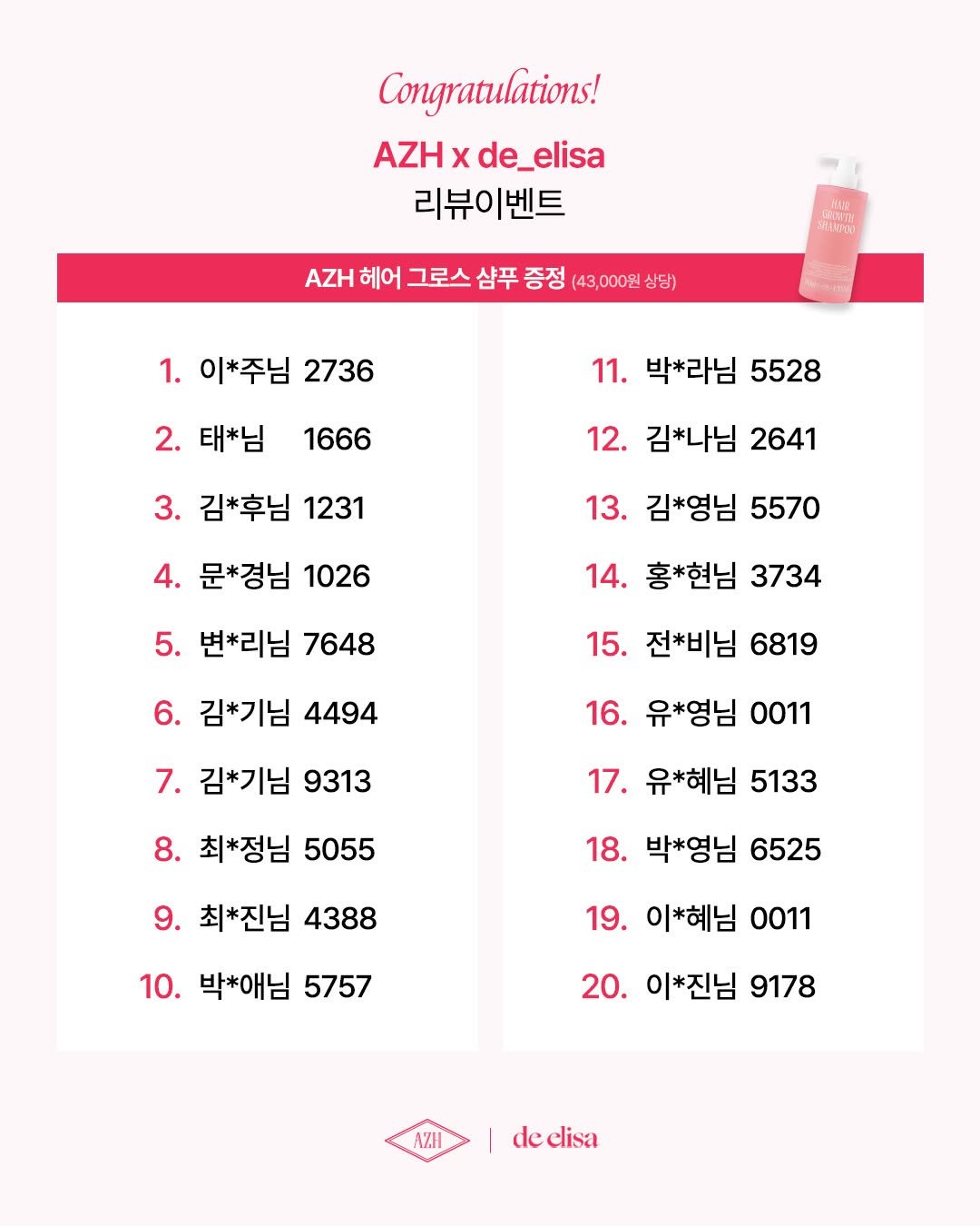 Photo by de_elisa_market on April 22, 2026. May be an illustration of crossword puzzle, calendar, pie, poster and text that says 'Congratulations! AZH x de_elisa 리뷰이벤트 AZH 헤어 그로스 샴푸 증정 (43,000원 상당) M4ARLU 1. 이*주님 2736 2. 태*님 1666 11. 박*라님 5528 3. 김*후님 1231 12. 김*나님 2641 문*경님 1026 13. 김*영님 5570 5. 변*리님 7648 14. 홍*현님 3734 6. 김*기님 4494 15. 전*비님 6819 7. 김*기님 9313 16. 유*영님 0011 8. 최*정님 5055 17. 유*혜님 5133 9. 최*진님 4388 18. 박*영님 6525 10. 박*애님 5757 19. 이*혜님0011 이*혜님 0011 20. 이*진님 9178 AZ.H deelisa de elisa'.