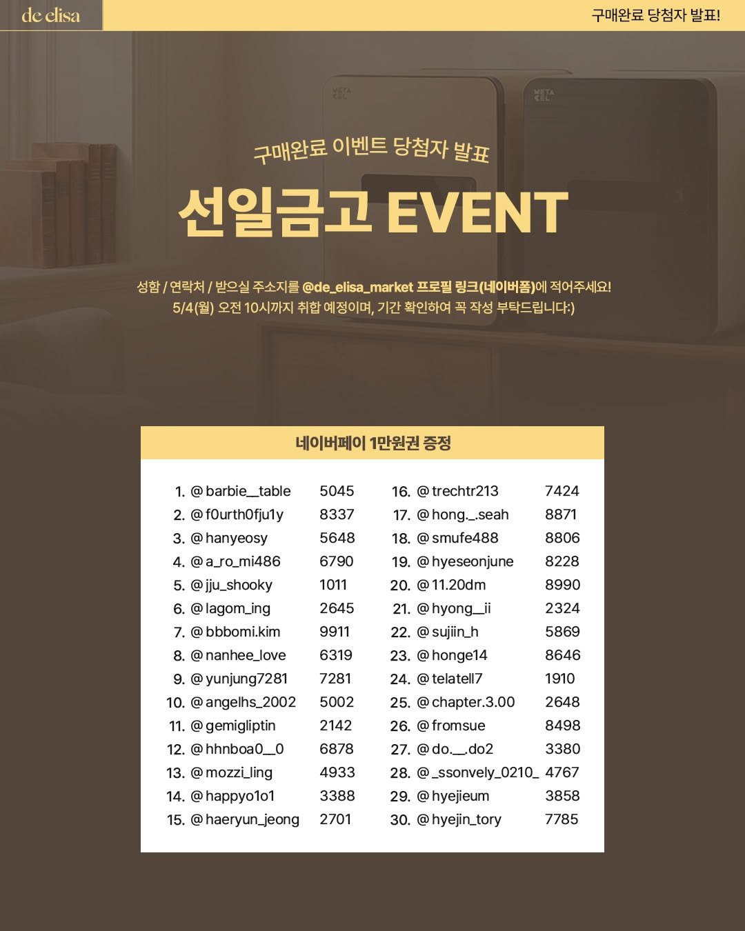Photo by de_elisa_market on April 28, 2026. May be an image of poster and text that says 'de elisa 구매완료 당첨자 발표! 구매완료 이벤트 당첨자 발표 선일금고 EVENT /연락처/ 받으실 주소지를 5/4(월) 10시까지 ket 프로필 링크(네이버폼)어 작성 부탁드립니다:) 네이버페이 1만원권 증정 5045 8337 barbie__table @fOurth0fju1y @hanyeosy 4.@a_ro_mi486 jju_shooky lagom_ing 7424 5648 8871 16. @trechtr213 17. @hong_.seah 18. @smufe488 19. @hyeseonjune 20. @11.20dm 6790 1011 8806 8228 2645 bbbomi.kim 8. 9911 2324 5869 23. 10. 6319 7281 5002 @hyong__ii @sujiin_h @honge14 24. telatell7 @chapter.3.00 @fromsue 12. 2142 nanhee_love yunjung7281 angelhs_2002 gemigliptin hhnboa0_0 @mozzi_ling 14. happyo1o1 15. haeryun_jeong 8646 1910 2648 8498 13. 6878 4933 28. 3388 2701 @do_do2 3380 _ssonvely_0210_ 4767 29. @hyejieum 3858 30. @hyejin_tory 7785'.