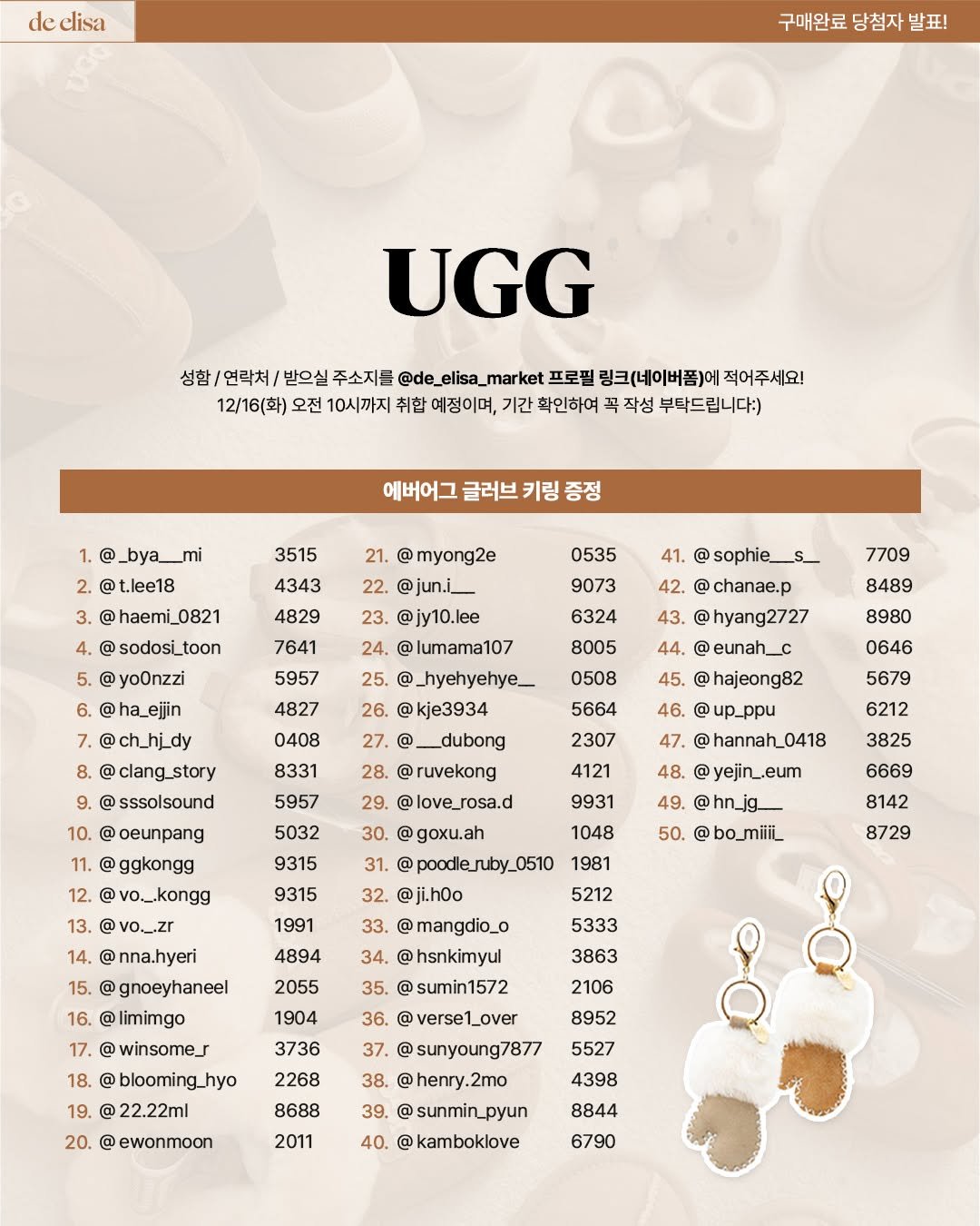 Photo by de_elisa_market on December 17, 2025. May be an image of goosedown coat, fur, boots, sandals, baby shoes, poster and text that says 'elisa 구매완료 당첨자 발표! UGG 받으실 주소지를 12\/16(화) 오전 10시까지 프로필 링크(네이버폼)에 예정이며, 기간 에버어그 글러브 키링 3515 4343 21. @myong2e @jun.i_ @jy10.lee lumama107 41. 0535 9073 6324 5957 @yoOnzzi 6.@ha_ejjin 7.@ch_hj_dy 7709 8489 43. chanae.p @hyang2727 4827 25. @_hyehyehye_ @kje3934 8980 0408 45. 0508 5664 @hajeong82 46. 2307 5957 @up_ppu @ruvekong 47. 48. @oeunpang @ggkongg 5032 love_rosa.d 5679 6212 3825 6669 8142 9315 @goxu.ah 1048 9315 50. 32. @hn_jg_ @bo_miiii_ 1981 8729 5212 mangdio_o gnoeyhaneel 16. @limimgo 5333 3863 36. 18. 3736 2268 blooming_hyo 22.22ml @sumin1572 @verse1_over sunyoung7877 38. @henry.2mo ewonmoon 2011 8952 5527 4398 8844 6790 kamboklove'.