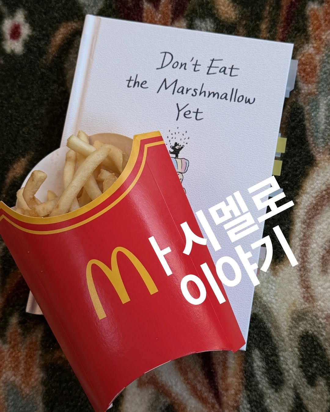 Photo by 딥앤와이드(𝚍𝚎𝚎𝚙 𝚊𝚗𝚍 𝚠𝚒𝚍𝚎) on April 10, 2026. May be an image of french fries, book and text that says 'Don't Don'tEat Eat the Marshmallow Yet 바시멜로 시멜로 TH ጠ Mi o0フ'.