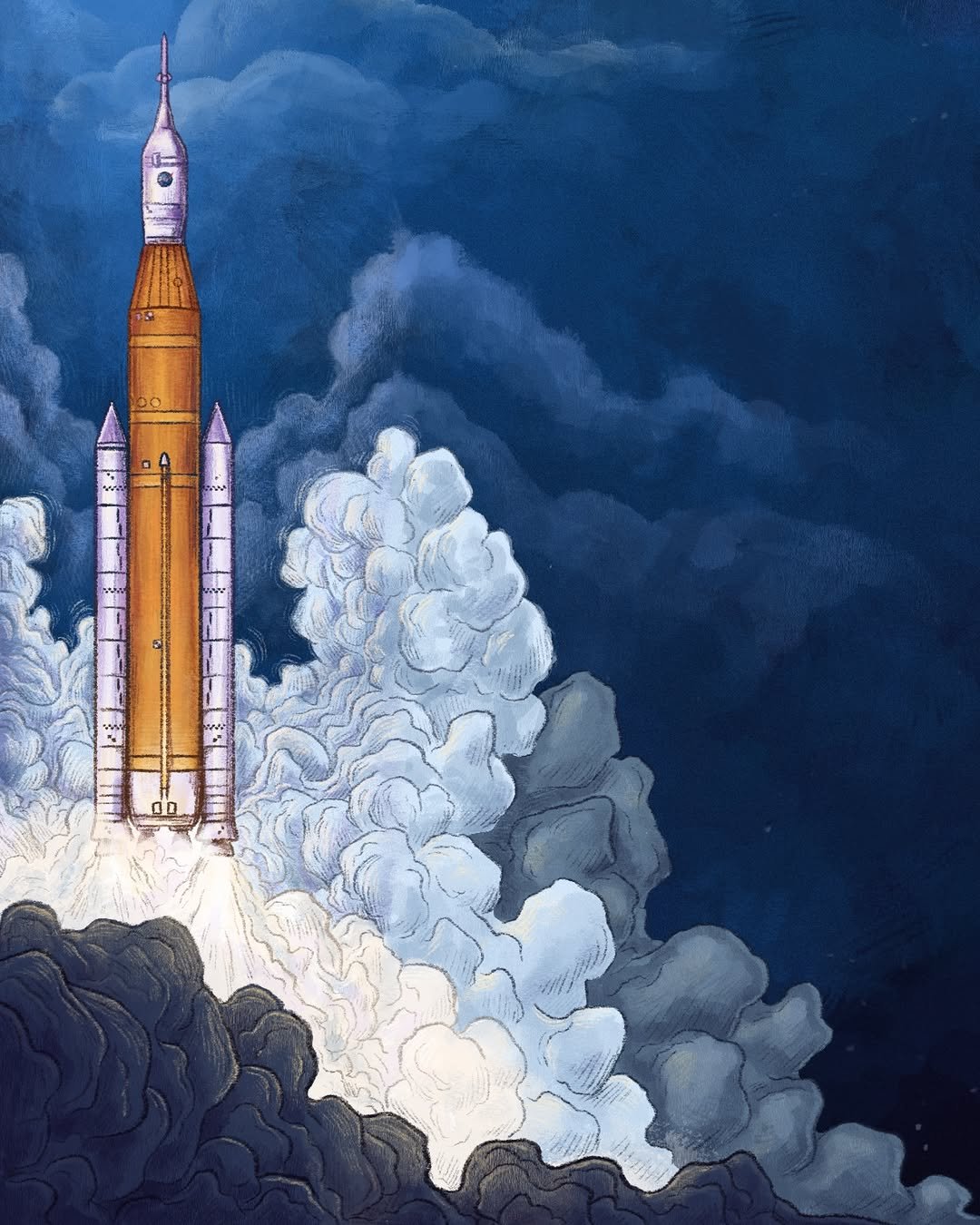 An illustration of a rocket taking off on the backdrop of a navy blue sky.