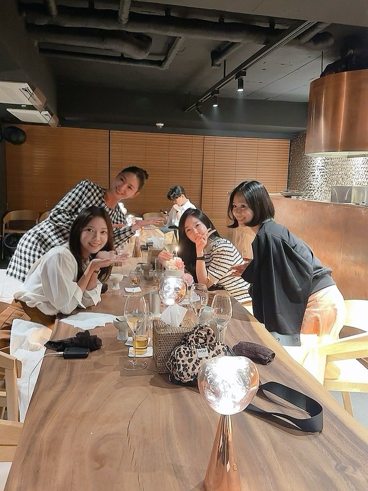 Photo shared by 다이애나 on October 01, 2025 tagging @sochanelso, @bk_kimm, and @ballet_jy. May be an image of 5 people, coffee maker, kitchen table and text.