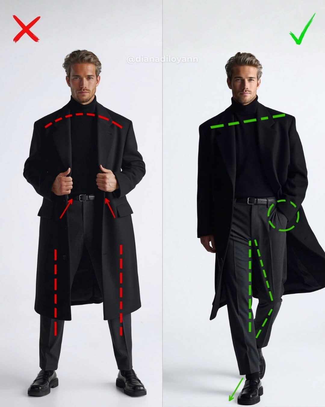 Photo by Diana Diloyan | Posing Coach & Model 🇺🇦 on November 21, 2025. May be an image of overcoat, suit, jacket, costume, cloak and text that says 'X @dianadiloyann yann'.