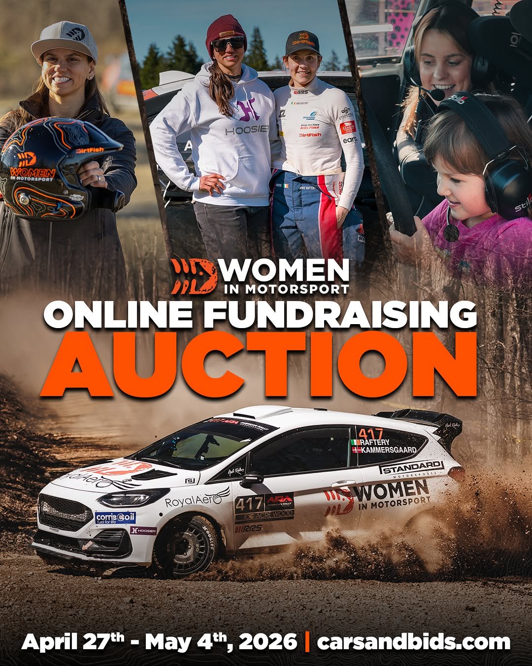 Photo shared by DirtFish on April 13, 2026 tagging @aoife.raftery17, @josierallies, and @carsandbids. May be an image of ‎racing vehicles, wheel, poster and ‎text that says '‎E075 DirPiah 三D WOMEN INMOTORSPORT HOOSIE อาครา edr 海 ال WOMEN DLO IN MOTORSPORT ONLINE FUNDRAISING AUCTION وعويم الكم 2Eh comaCoil corrib Goil Royo RoyalAero 417 RAFTERY +KAMMERSGAARD STANDAT ETANDARDI MI MOTORSPORT NOMEN HA 3HocBиK April 27th May 4th, 2026 I carsandbids.com‎'‎‎.