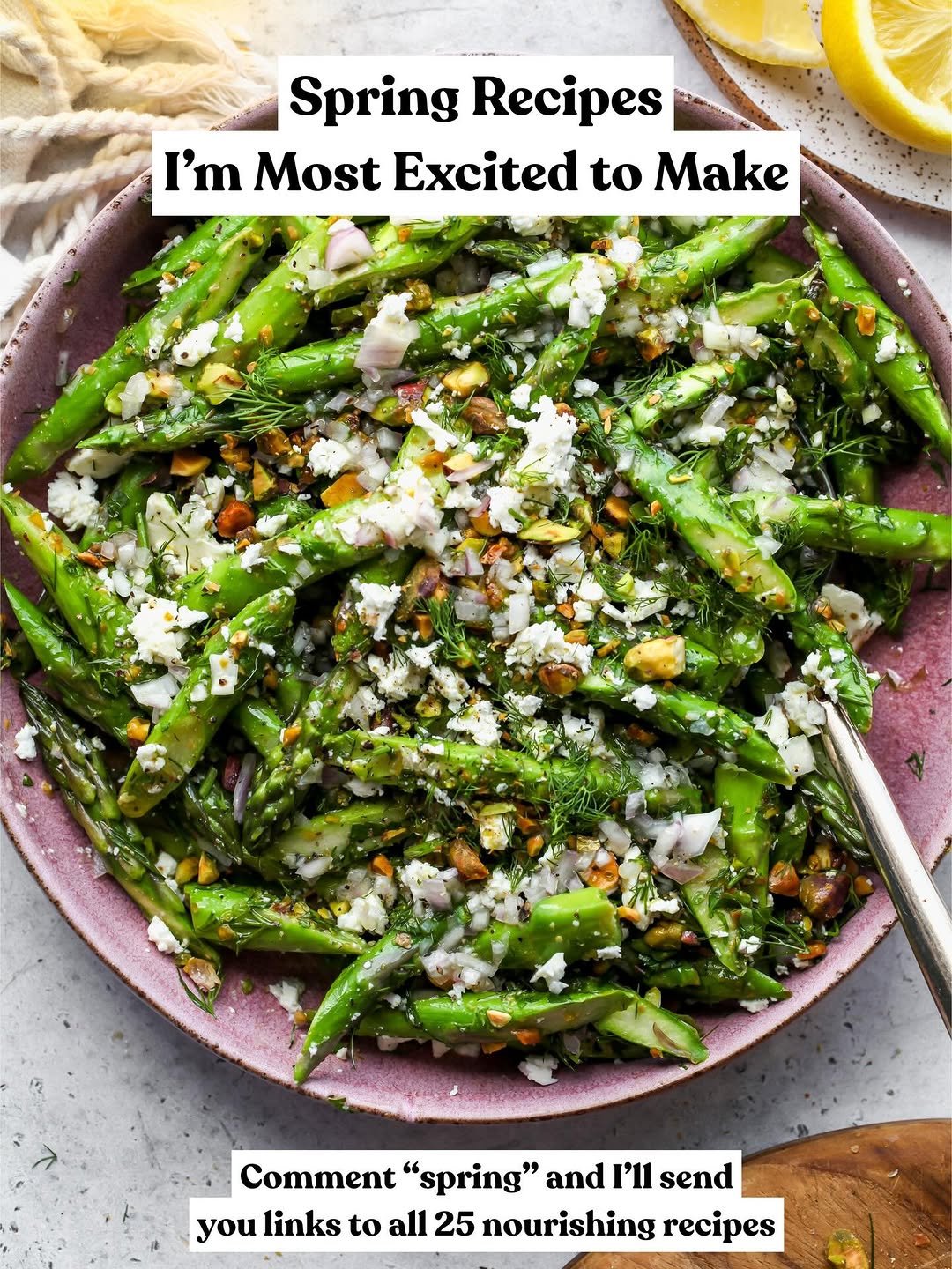 Asparagus and feta salad styled in a pink serving bowl.