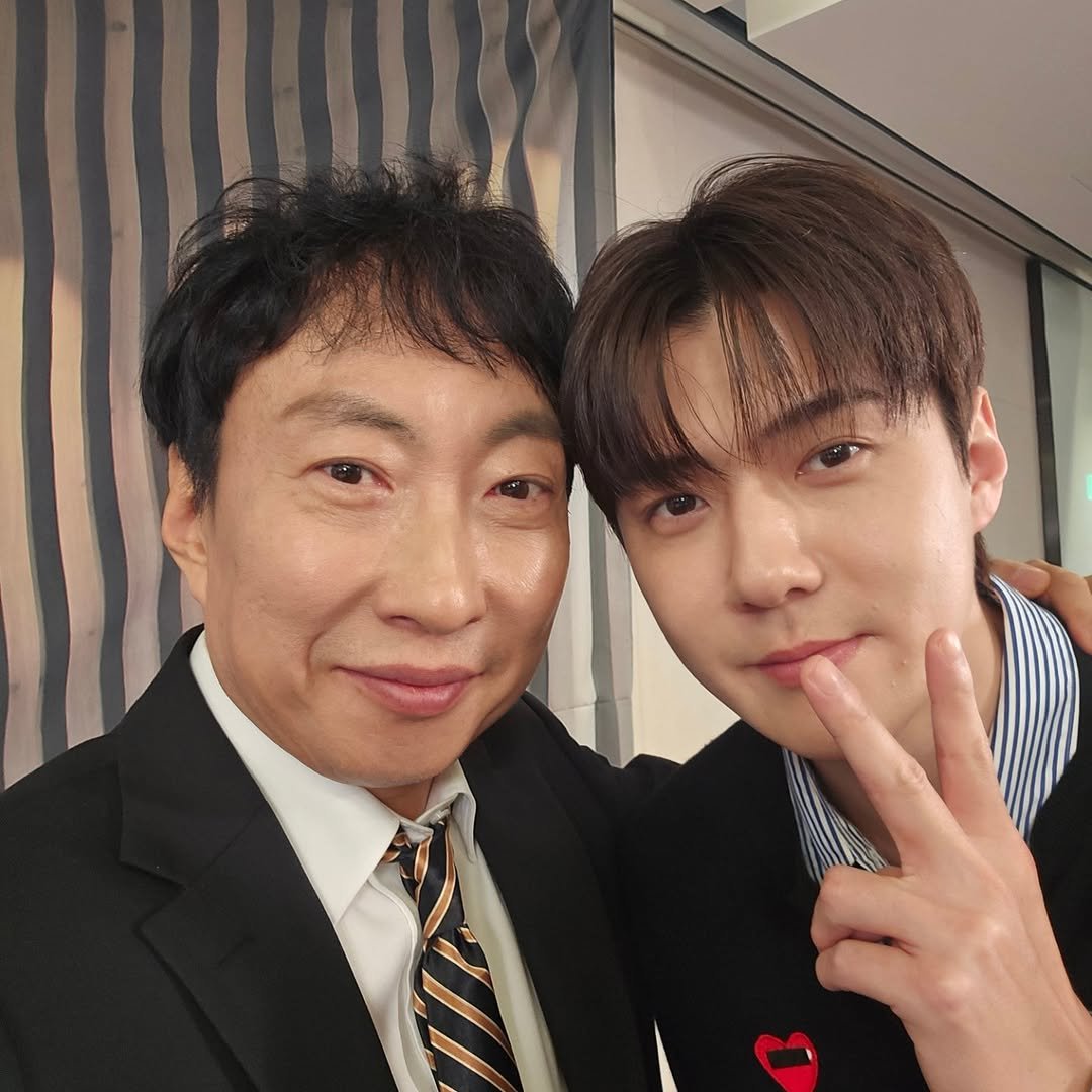 Photo shared by 박명수(G-park) on January 26, 2026 tagging @weareone.exo. May be an image of one or more people, bangs and text.