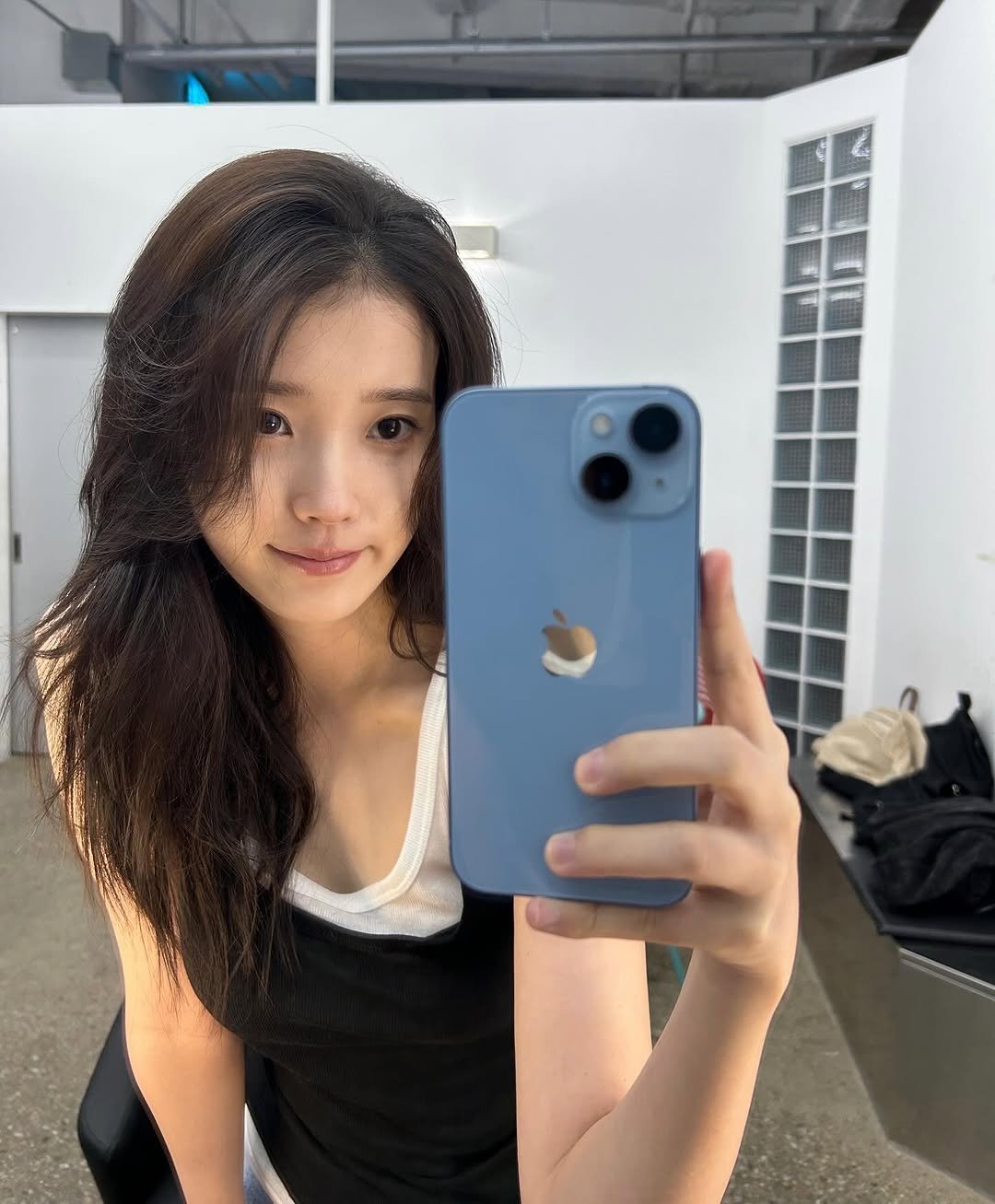 Photo by 이지금 IU on November 05, 2025. May be a selfie of one or more people, hair, phone, mirror and text.