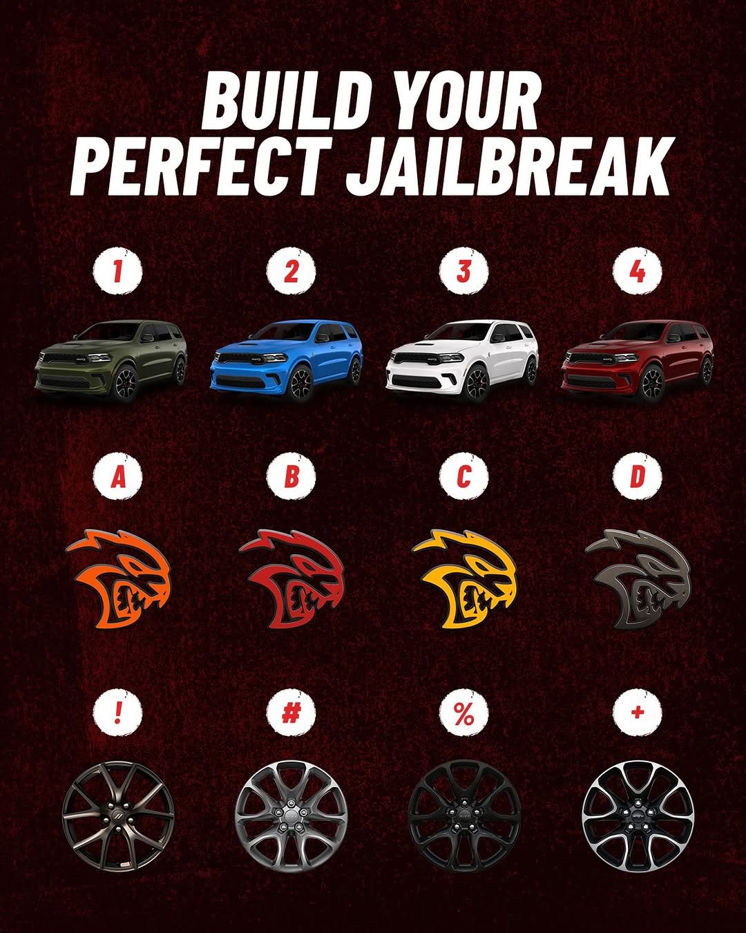 Photo by Dodge on April 14, 2026. May be an image of ‎wheel and ‎text that says '‎BUILD YOUR PERFECT JAILBREAK 1 1 2 3 4 B c A سلم D %‎'‎‎.