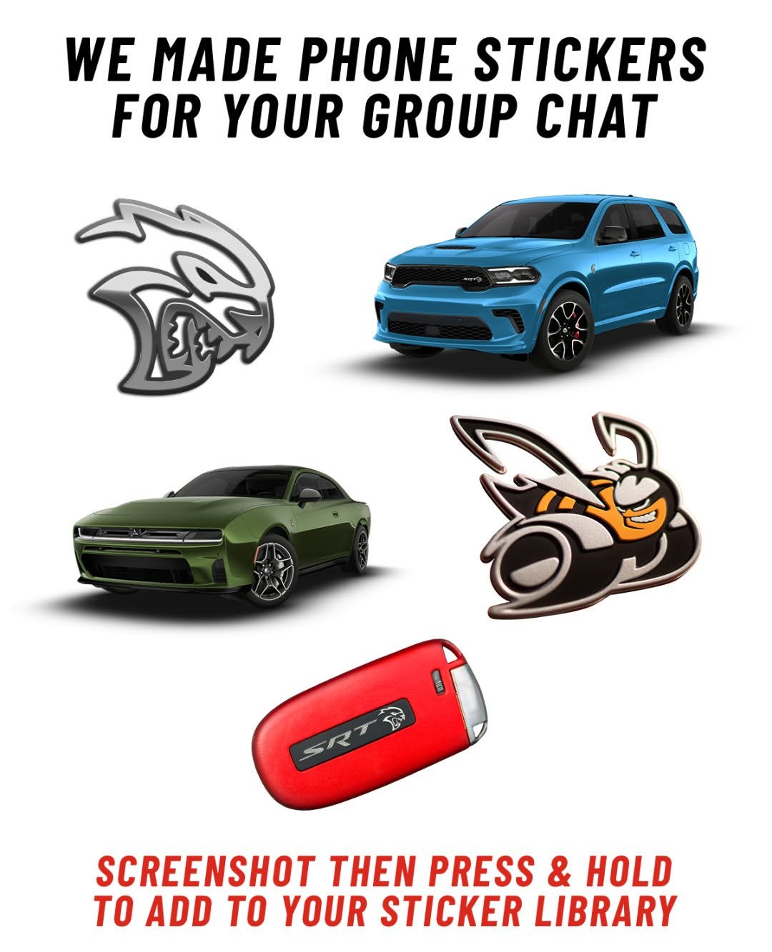Photo by Dodge on April 23, 2026. May be an image of phone, car, card, magazine, tablet, poster and text that says 'WE MADE PHONE STICKERS FOR YOUR GROUP CHAT SCREENSHOT THEN PRESS & HOLD To ADD TO YOUR STICKER LIBRARY'.