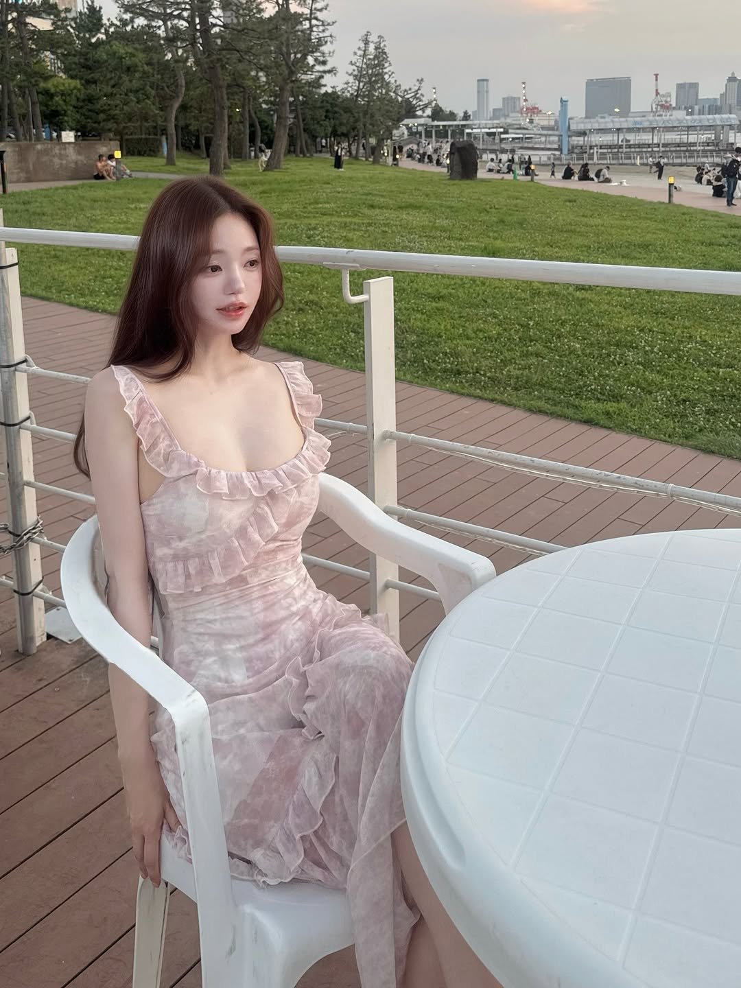 Photo by 김도연 on August 11, 2025. May be an image of 1 person, hair, slip, dress, sundress and text.