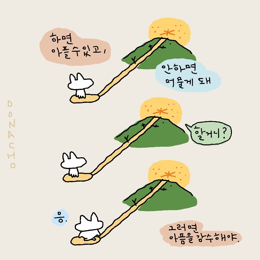 Photo by 도나쵸 (도도한나쵸) on August 24, 2025. May be an illustration of map and text that says '하면 아플수있고 안하면 머을게 돼 D D N A 할거니? ? 그러면 아픔을 감수해야. 아름을광수해야. 감수'.