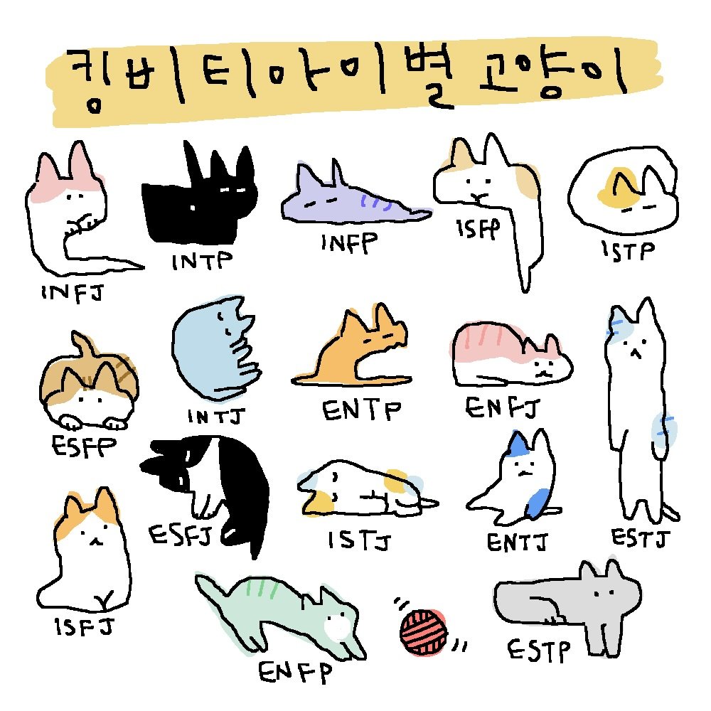 Photo by 도나쵸 on February 14, 2026. May be an illustration of Norwich terrier and text that says '키바 티아미별 마미 별 고양이 INFJ INFP ISFA ISTP Ν TJ ESFP ENTP ENFJ ESFJ ISTS 15FJ ENTJ ESTJ 11 ENFP ESTP'.
