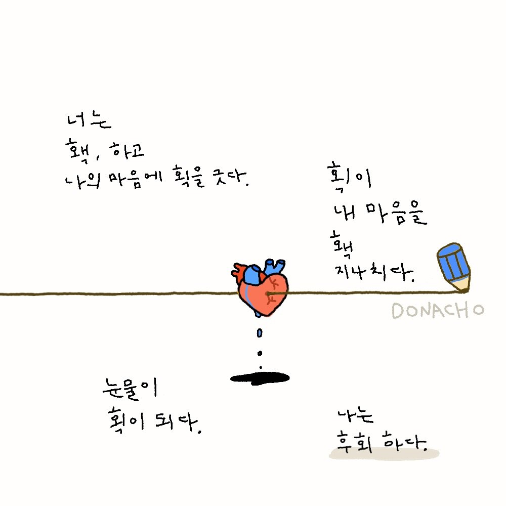 Photo by 도나쵸 (도도한나쵸) on August 27, 2025. May be pop art of heart and text that says '너는 너는 했, 하고 나의 마음어 획을 웃다. 회이 4H 마음을 호 왜 지나치다. 지나 치 DONACHO 0 눈물이 확이 확이되다. 되다. 나는 후회 후회하다. 하다.'.