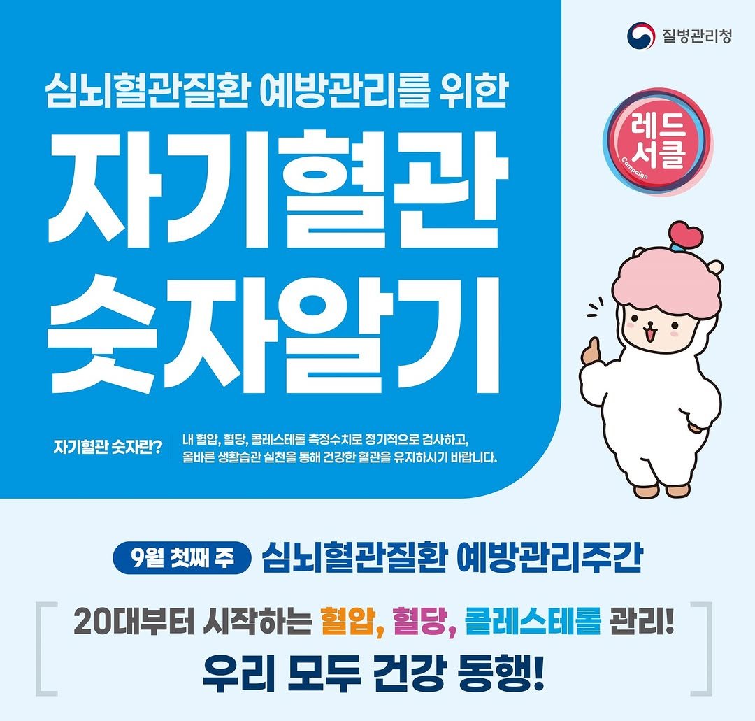 Photo by 동래구청 on August 17, 2025. May be an image of pie and text that says '질병관리청 레드 s 서를 심뇌혈관질환 예방관리를 위한 자기혈관 숫자알기 자기혈관숫자란? 功肥公?经. 내 내혈압,혈 혈압, 혈당, 콜레스테롤 촉정수치로 정기적으로 검사하고, 자기혈관 숫자란? 몰바른 비른방딸슬과쌀성은태하검김한혈을우저하시기는 생활습관 실천을 통해 건강한 혈관을 유지하시기 바랍니다. 9월 첫째주 9월첫째주 주 심뇌혈관질환 예방관리주간 20대부터 시작하는 혈압, 혈당, 콜레스테를 관리! 우리 모두 건강 동행!'.