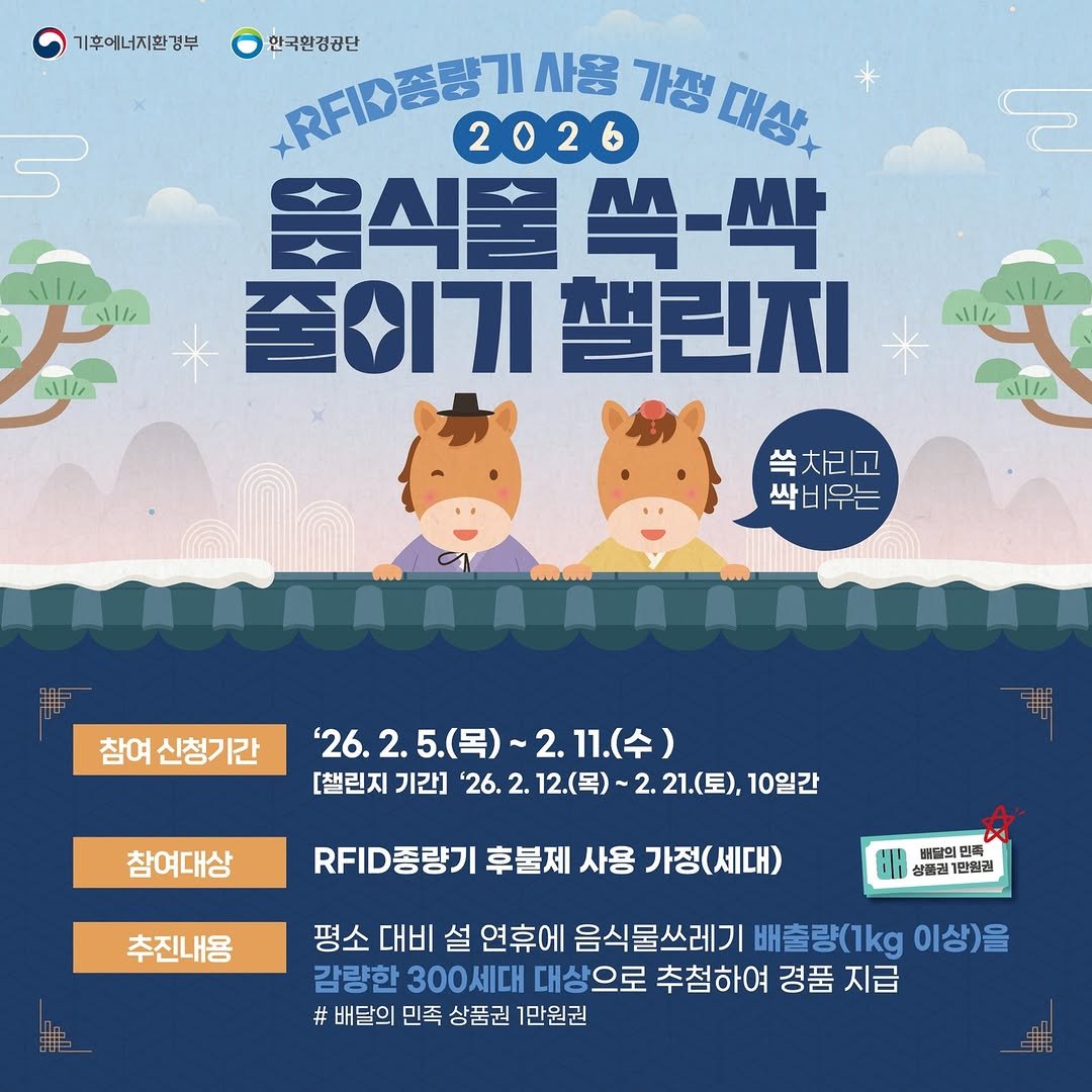 Photo by 동래구청 on February 03, 2026. May be an image of poster and text that says '기후에너지환경부 만국환경공단 RFID퐁딸기 사용 가정 대상+ 2026 음식물 쏙-싹 줄이기챌린지 줄이기 챌린지 い1/ ハシ 쏙차리고 싹비우는 참여 신청기간 '26. '26.2.5.(号）~ 2. 5.(목) 2.11.(수) 챌린지 기간] ]'26.2.12.(목)~ '26. 12.(목) ~2.21.（星）， 2. 10일간 참여대상 .FID종량기 후불제 사용 가정(세대) 추진내용 버달의 민족 살품권 만원권 평소 대비 설 연휴에 음식물쓰레기 배출량(1kg 이상)을 감량한 300세대 대상으로 추첨하여 경품 지급 # 배달의 민족 상품권 1만원권'.