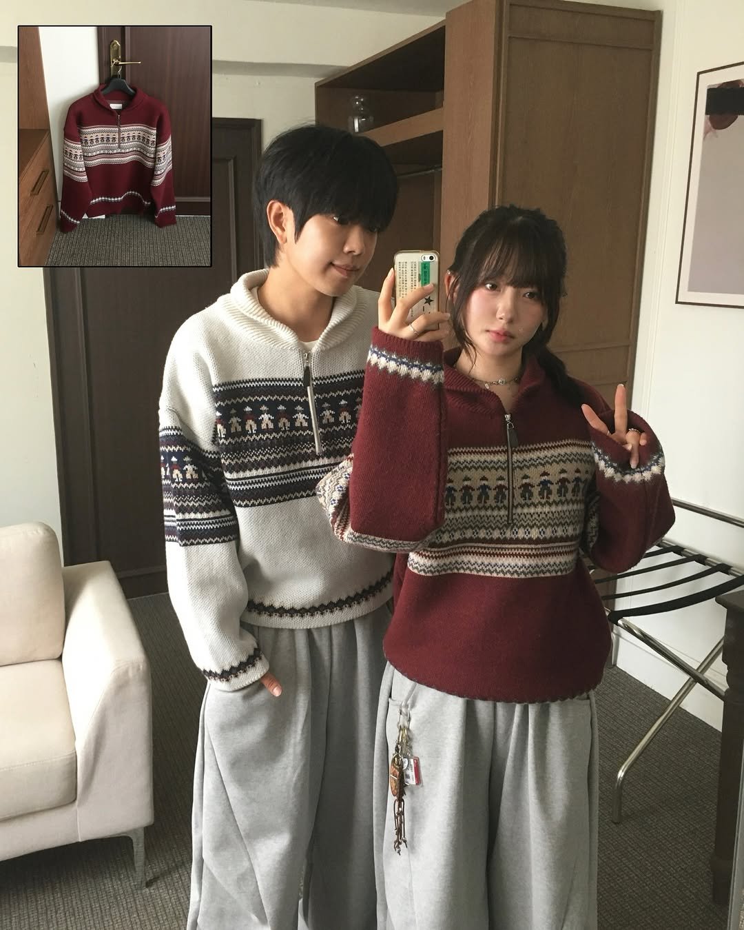 Photo shared by 투븐 / TOVN on December 16, 2025 tagging @tovn_official. May be an image of one or more people, hair, duffle coat, sweatpants, sweater, parka, sweatshirt, top, bath robe and text.