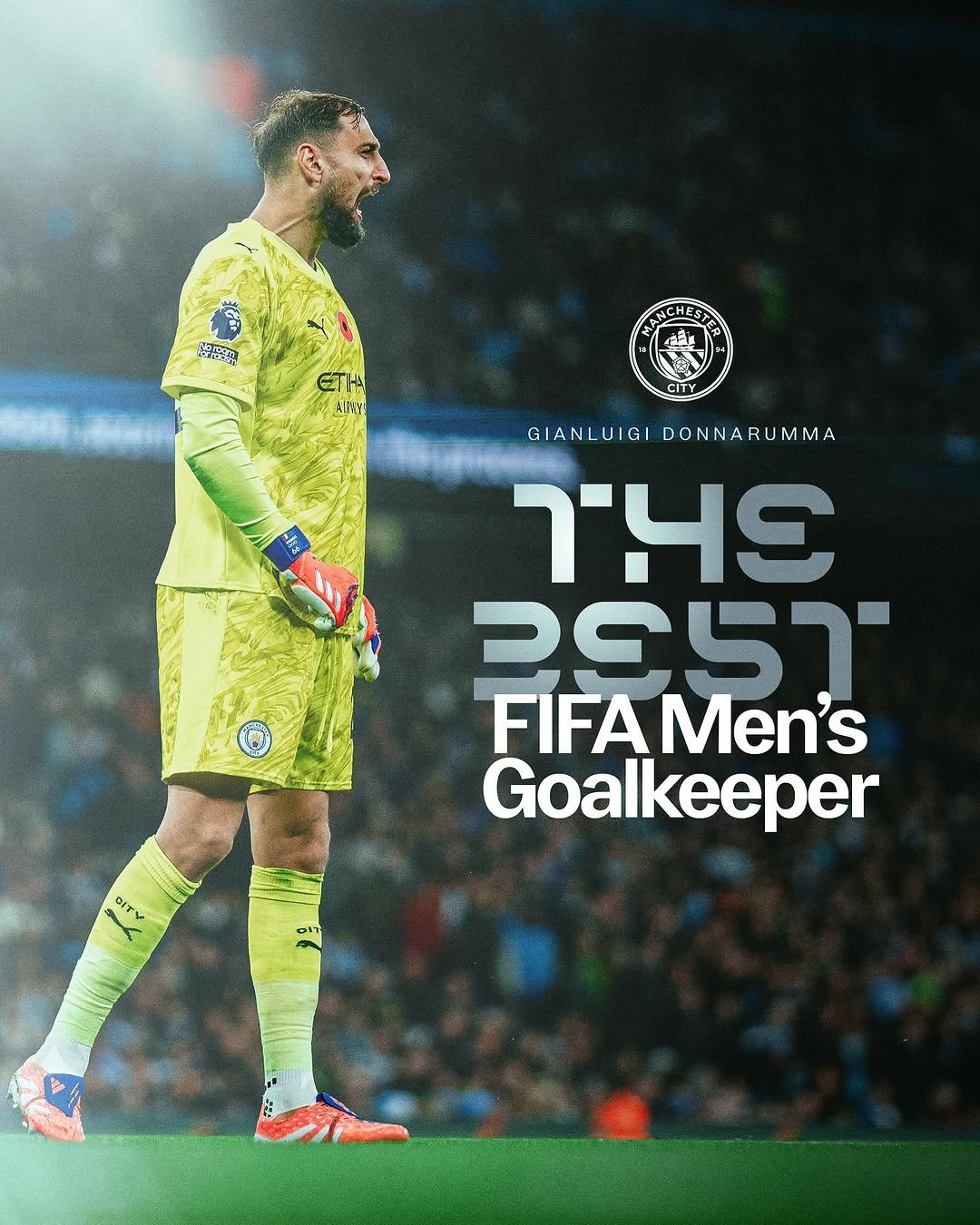 Photo shared by Manchester City on December 16, 2025 tagging @donnarumma. May be an image of ‎football, soccer, cleats, ball, card, sports equipment, poster, stadium and ‎text that says '‎活視 ETHA HURY CITY CITY GIANLUIGIDONNARUMMA GI DONNARUMMA GIANLUIGI GIANI יר 2957 FIFA FIFAMen's Men's Goalkeeper GITY‎'‎‎.