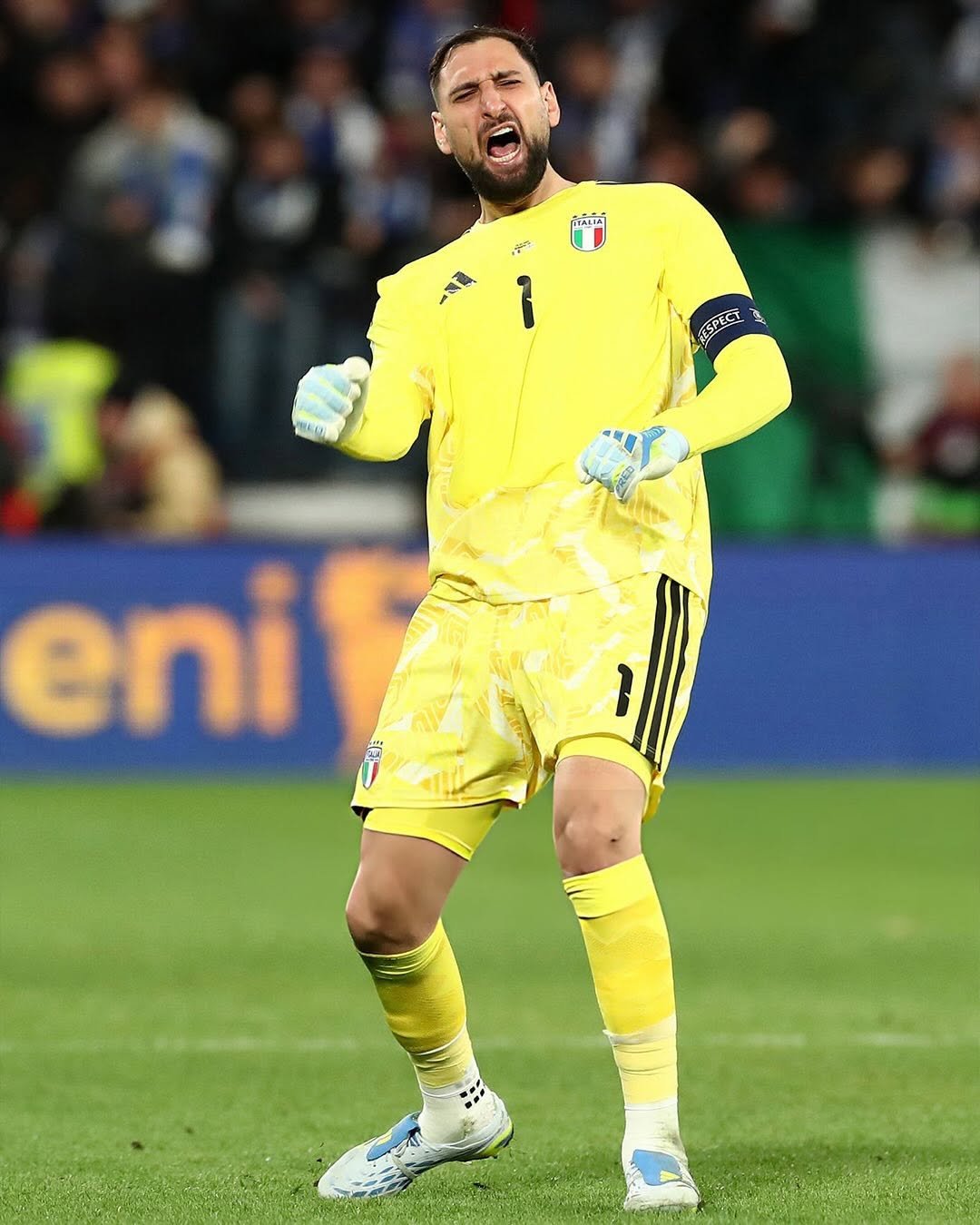 Photo shared by GIANLUIGI DONNARUMMA on March 26, 2026 tagging @azzurri. May be an image of football, soccer, ball, stadium and text that says '戦 RESPECT 호 eni'.