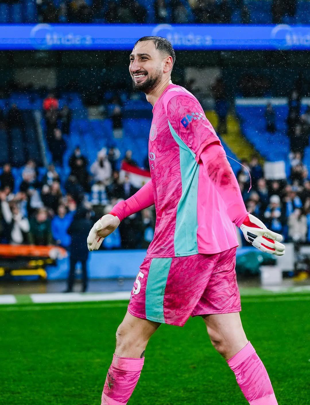 Photo shared by Manchester City on February 11, 2026 tagging @donnarumma. May be an image of football, soccer, cleats, ball, stadium and text.