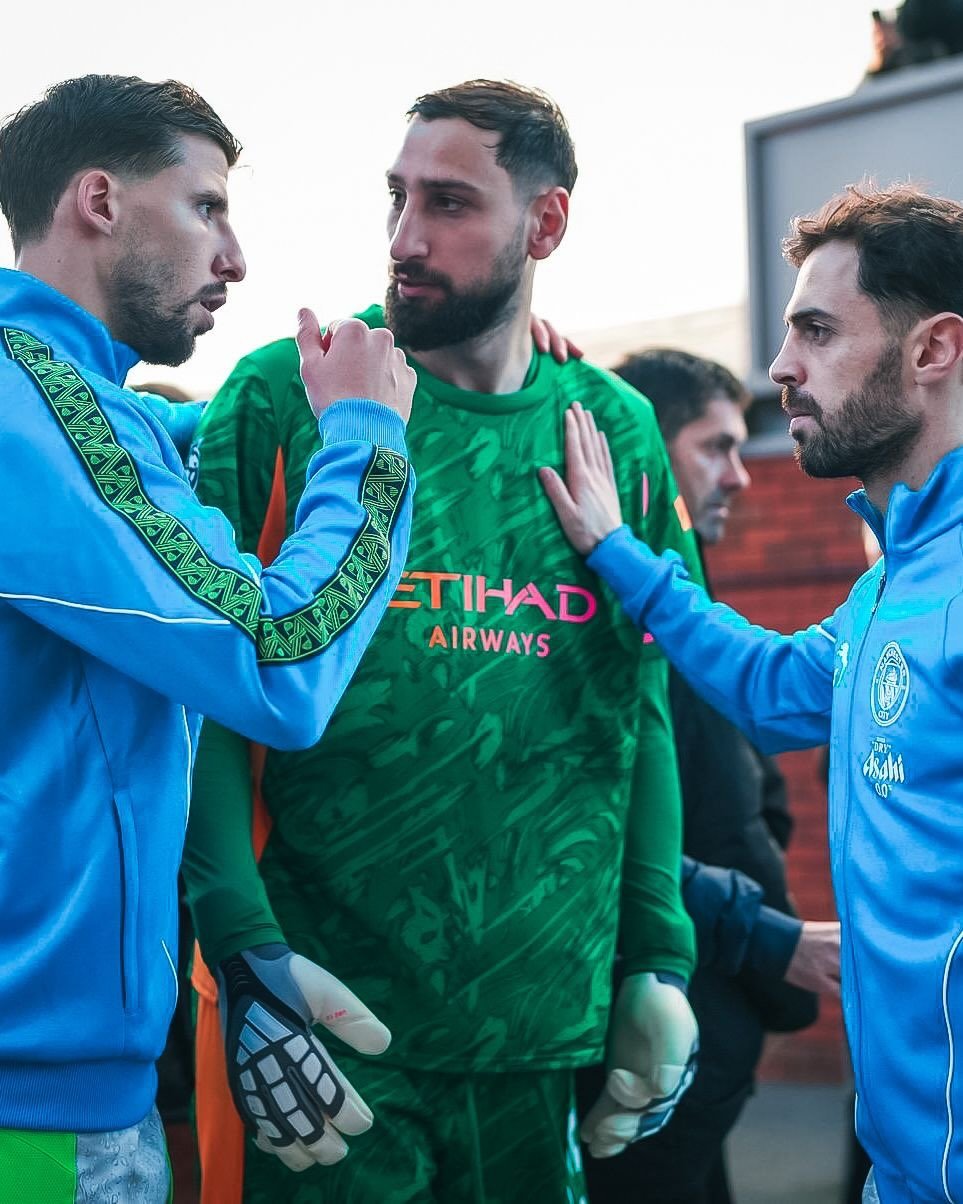 Photo shared by GIANLUIGI DONNARUMMA on December 14, 2025 tagging @rubendias, and @bernardocarvalhosilva. May be an image of football, soccer, stadium and text.