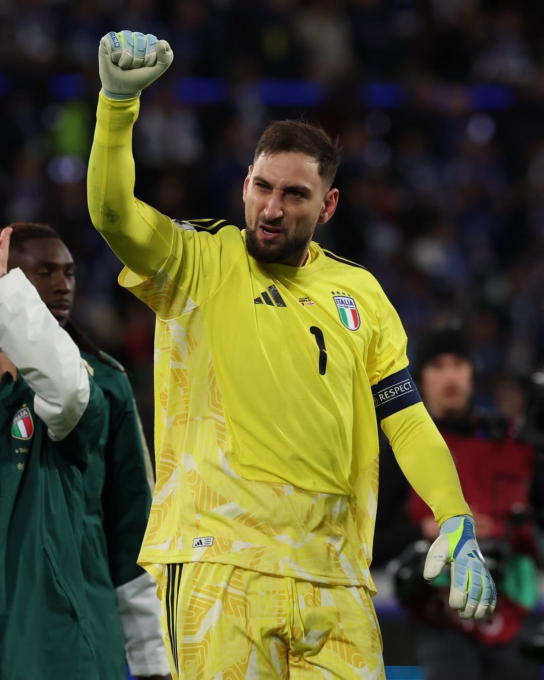 Photo shared by Nazionale Italiana di Calcio on March 26, 2026 tagging @mancity, and @donnarumma. May be an image of football, soccer, ball, stadium and text that says '반한 STALIA ন D RESPECT .크'.