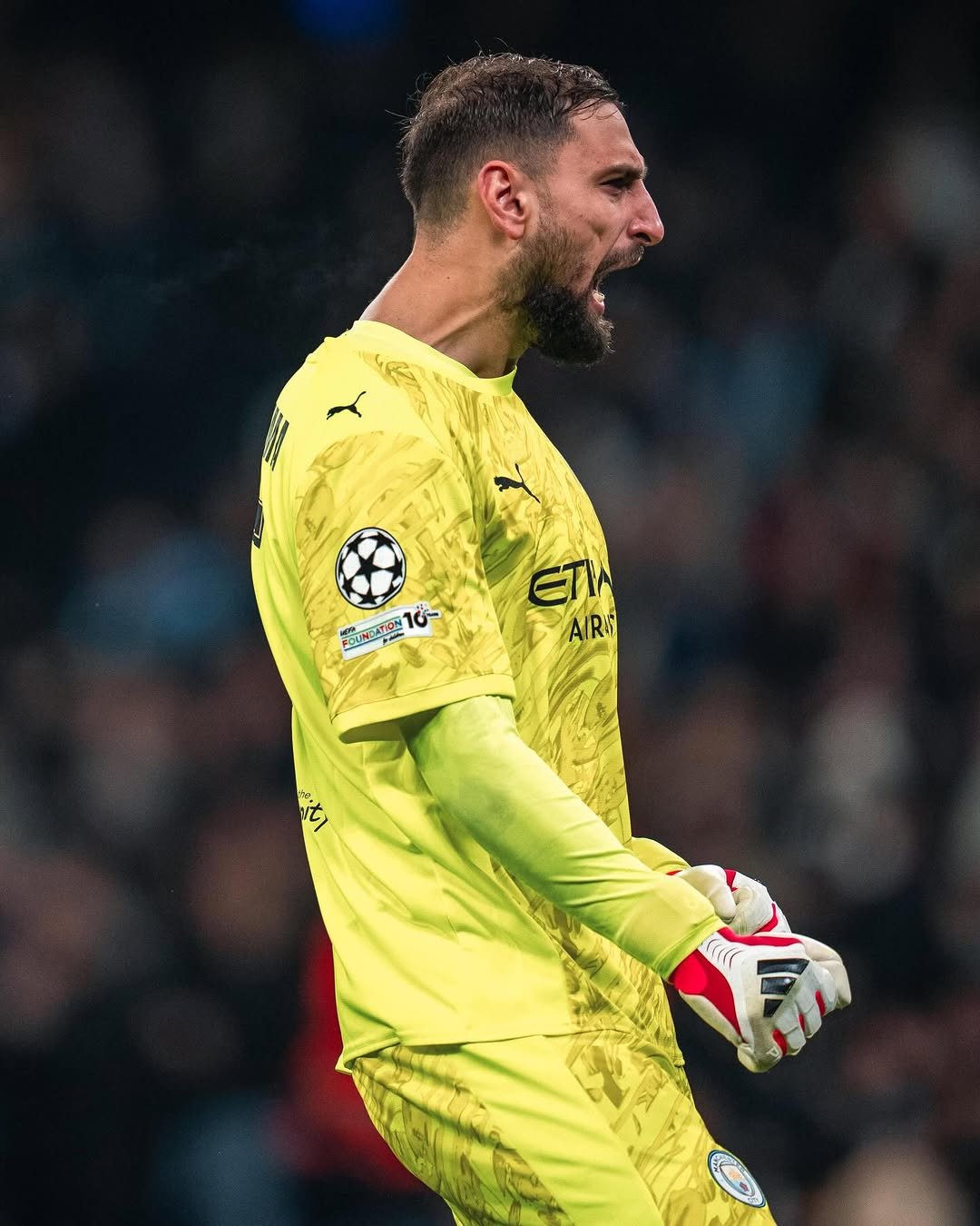 Photo shared by GIANLUIGI DONNARUMMA on January 28, 2026 tagging @mancity. May be an image of football, soccer, stadium and text.