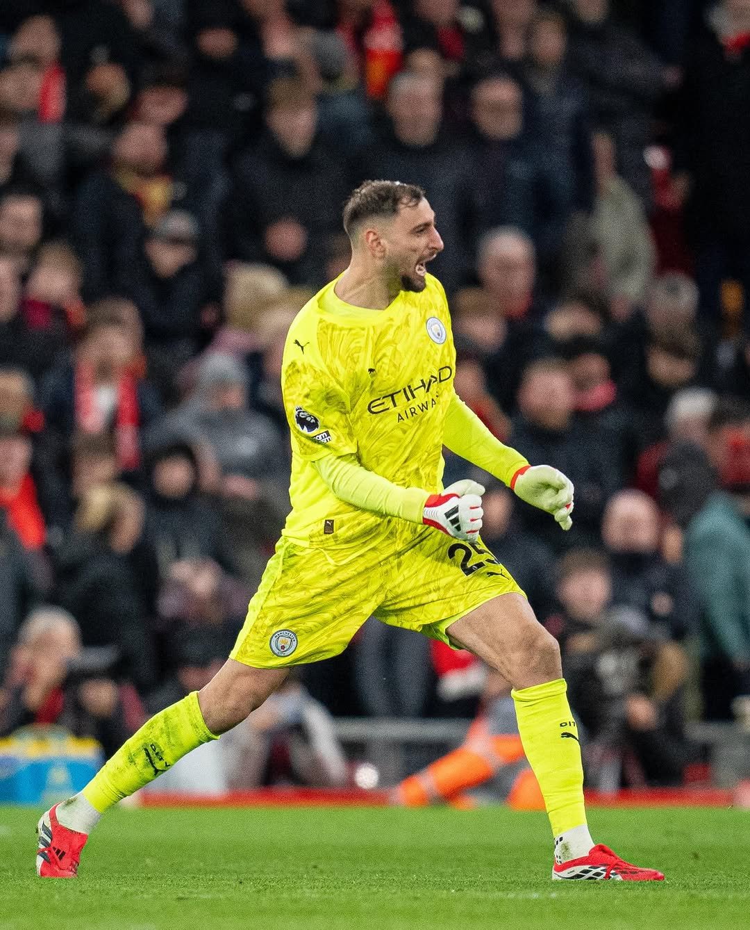 Photo shared by GIANLUIGI DONNARUMMA on February 08, 2026 tagging @mancity. May be an image of football, soccer, cleats, ball, stadium and text.