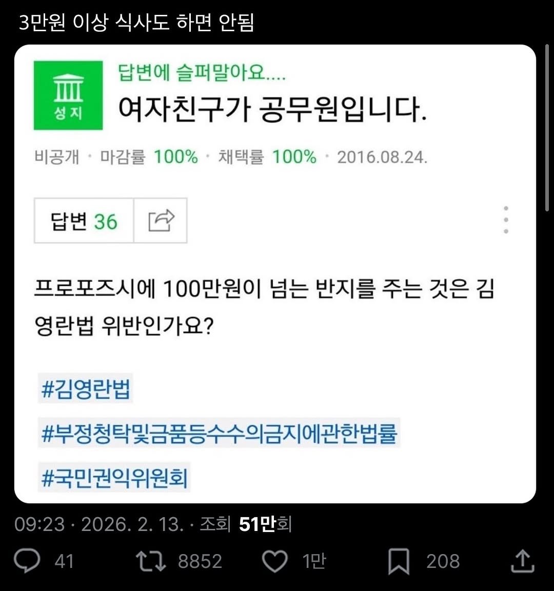 Photo by 도파민야옹이 😼 on February 12, 2026. May be a Twitter screenshot of text that says '3만원 이상 식사도 하면 안됨 성지 답변에 슬퍼말아요.... 여자친구가 공무원입니다. 비공개 마감률 100% 채택률 100% 2016.08.24. 답변 36 프로포즈시에 100만원이 넘는 반지를 주는 것은 김 영란법 위반인가요? #김영란법 #부정청탁및금품등수수의금지에관한법률 #국민권익위원회 13. 조회 51만 09:23 2026. 8852 8852 208'.