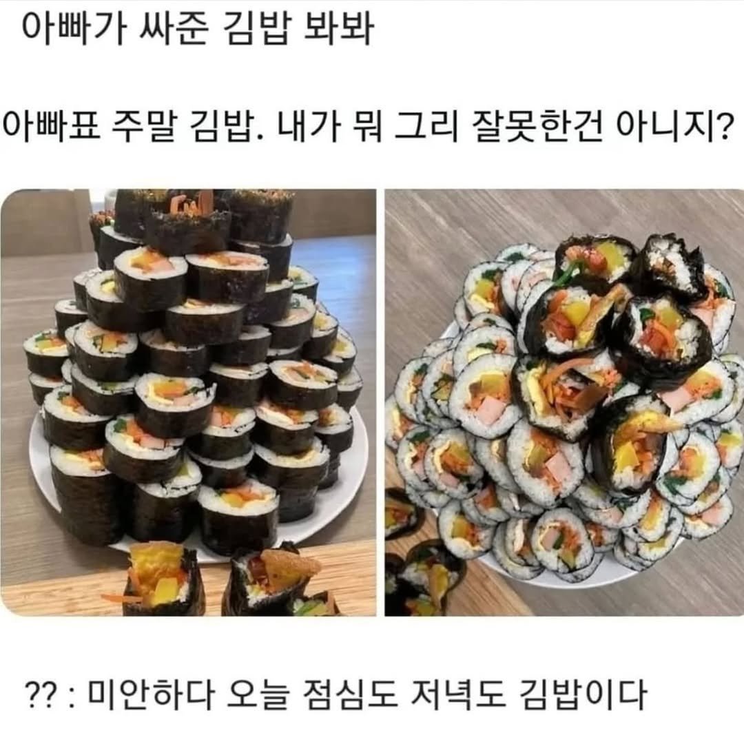 Photo by 도파민야옹이 😼 on February 12, 2026. May be an image of seaweed and text that says '아빠가 싸준 김밥 봐봐 아빠표 주말 김밥. 내가 뭐 그리 잘못한건 아니지? ??: :미안하다 오늘 점심도 저녁도 김밥이다'.