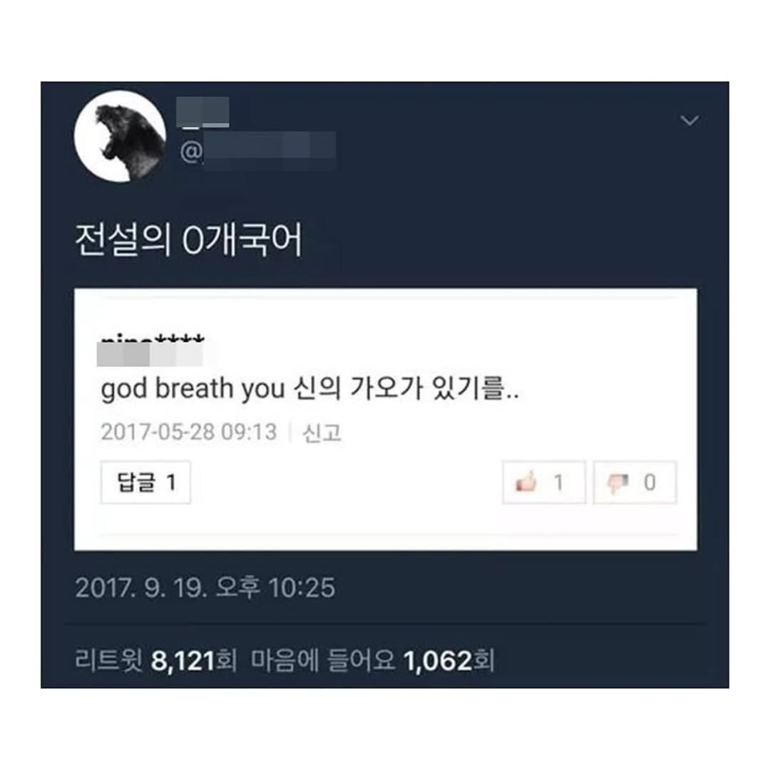 Photo by 도파민야옹이 😼 on February 03, 2026. May be a Twitter screenshot of text that says '전설의 0개국어 いgりををぐを god breath you 신의 가오가 있기를.. 2017-05-28 09:13 신고 답글 1 1 2017. 2017.9.19.9 2017.9.19.오후10:25 9. 19. 10:25 리트윗8,12 리트윗 8,121 마음에 들어요 1,062 회'.
