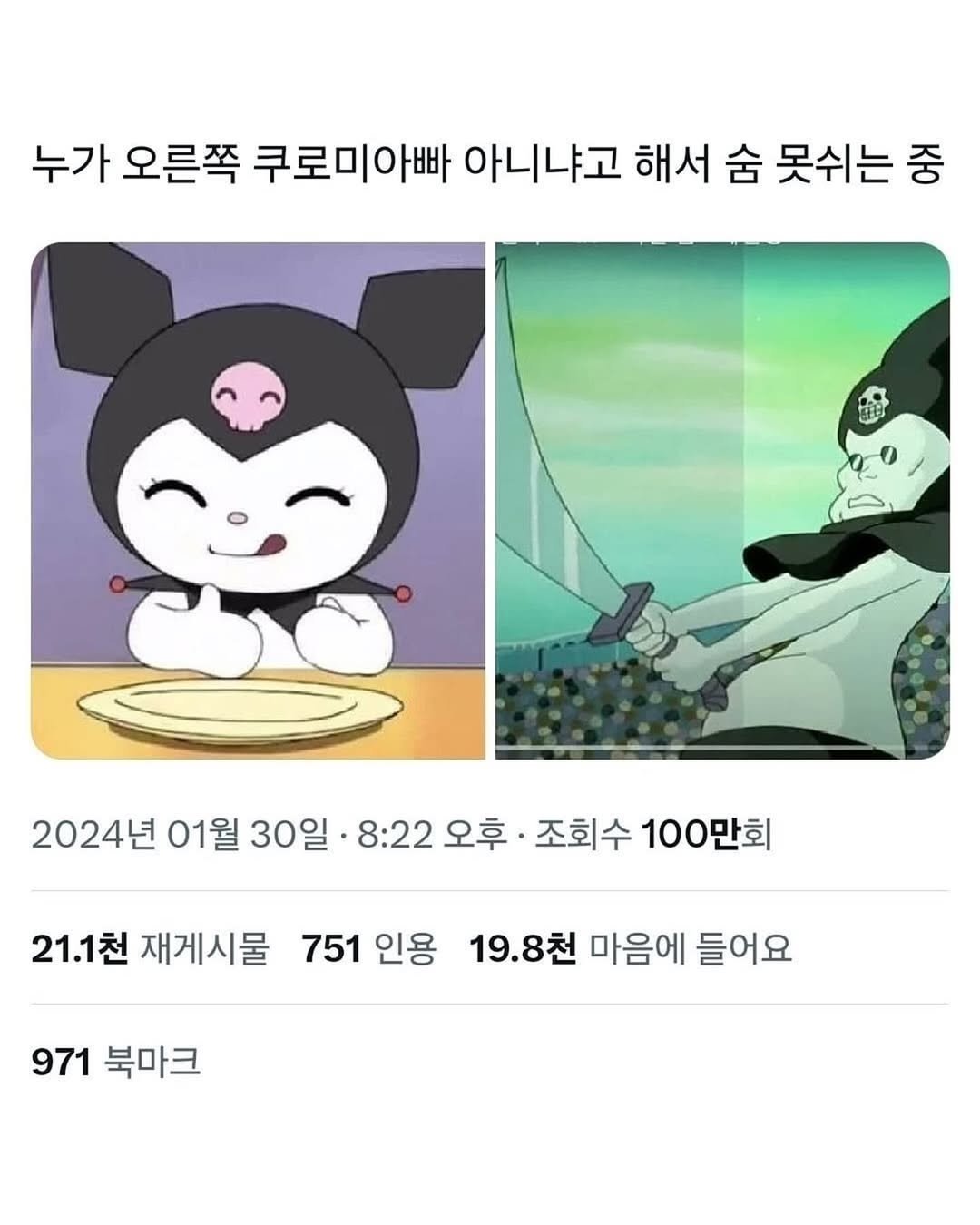 Photo by 도파민야옹이 😼 on February 03, 2026. May be a doodle of pie and text that says '누가 오른쪽 쿠로미아빠 아니냐고 해서 숨 못쉬는 중 2024년 01월 30일 2024년01월30일-8:22오후·조회수100 8:22 오후 조회수 100만회 21.1천 재게시물 751 인용 인용 19.8천 마음에 들어요 971 북마크'.