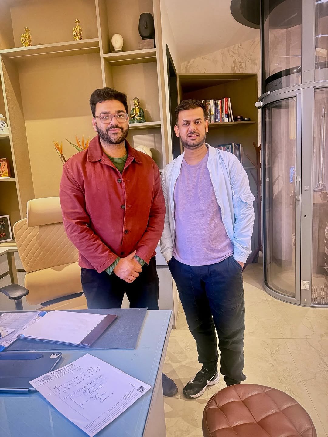 Photo shared by Amir khan on February 16, 2026 tagging @dermawithme. May be an image of one or more people, beard, hair, people standing, office and text.