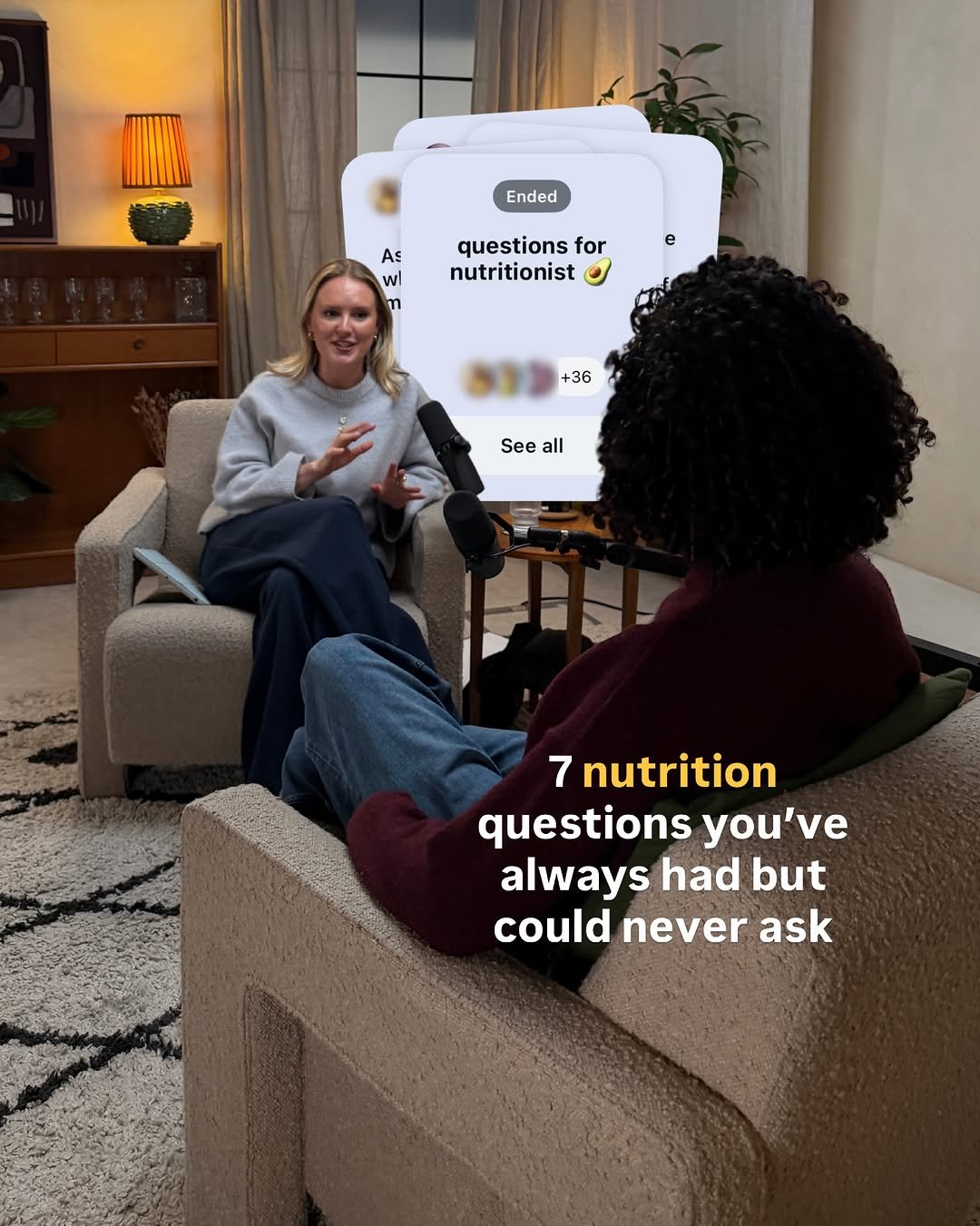 Photo shared by Her Discussions Podcast on February 22, 2026 tagging @drfayebate, and @drsarahberry. May be a Twitter screenshot of one or more people, tablet, sofa, thermostat, office and text that says 'Ended As wl questions for nutritionist +36 See all 7 nutrition questions you've always had but could never ask'.