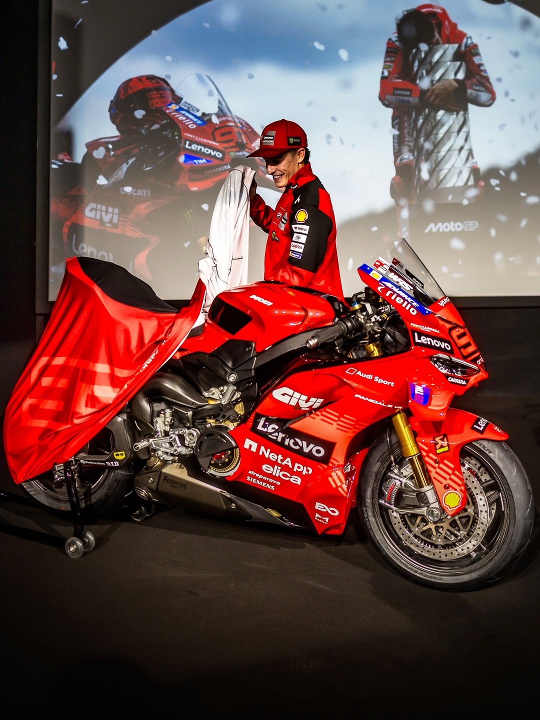 Photo shared by Ducati Motor Holding on February 17, 2026 tagging @marcmarquez93. May be an image of racing vehicles, motorcycle, helmet and text.