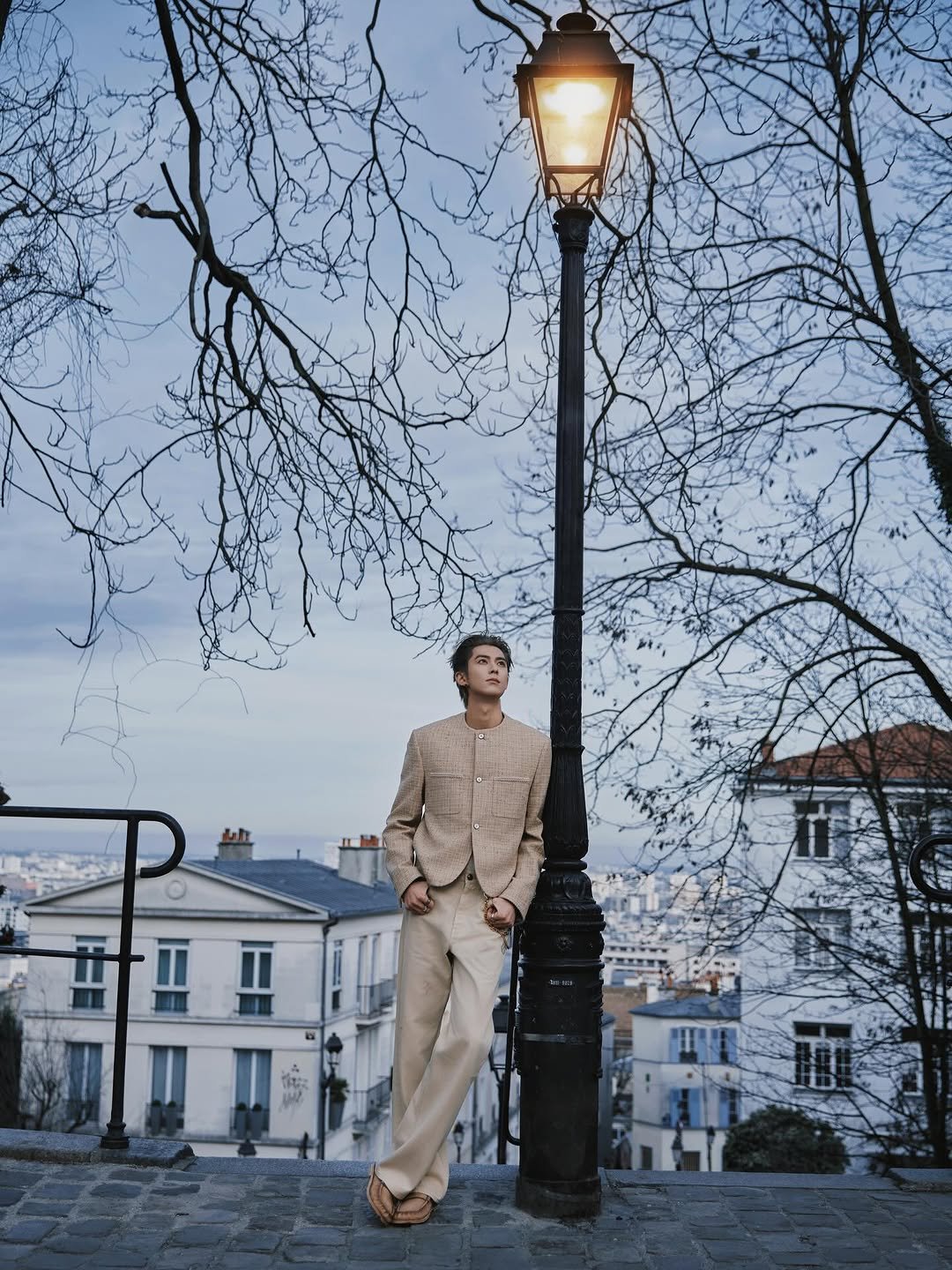 Photo by 王鹤棣Dylan_Wang on January 21, 2026. May be an image of overcoat, suit, lamppost and text.