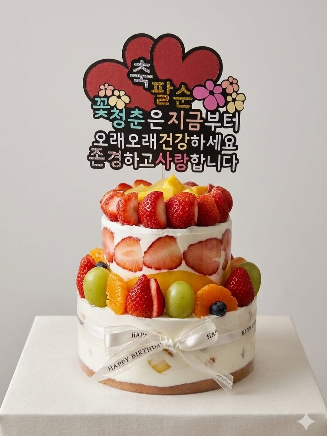 Photo by 이은베이커리 on April 13, 2026. May be an image of ‎cake, pie, fruitcake, strawberry and ‎text that says '‎cac CY лe 通K者 ัา C MST ငာဆဘး S00 ن သာေ ㅊ청춘은지금부터 오래 오래오래건강하세요 大 오래오래 건강하세요 영하고사랑합니다 HAP HAPA BIRTHDA HAPPY HAPHA ИAPA‎'‎‎.