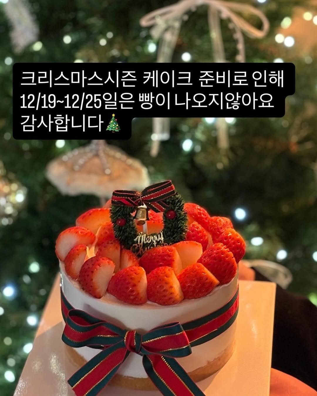 Photo by 이은베이커리 on December 17, 2025. May be an image of cake, strawberry, pie, fruitcake and text that says '크리스마스시즌 케이크 준비로 인해 12/19~12/25일은 12/19~ 25일은 빵 빵이나오지않아요 않아요 나오지 감사합니다 ትወታ'.