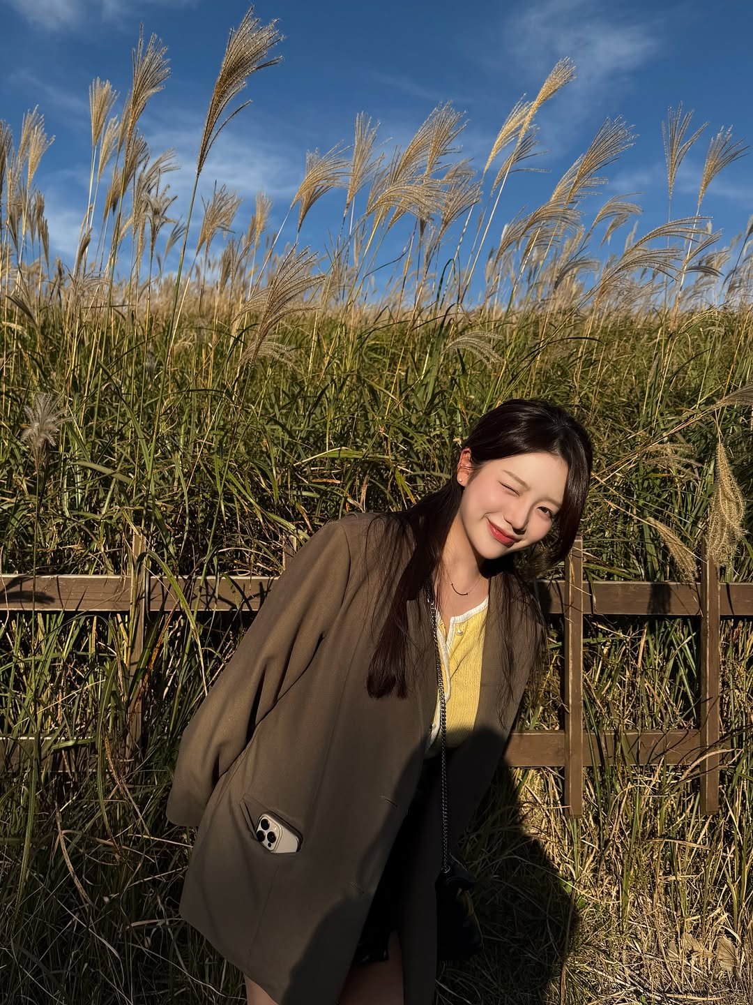 Photo shared by 은표 ෆ | 제주도 여행 on November 13, 2025 tagging @jejudo_official, @visitjeju.kr, and @jeju_tourism_association. May be an image of duffle coat, overcoat, grass and text.