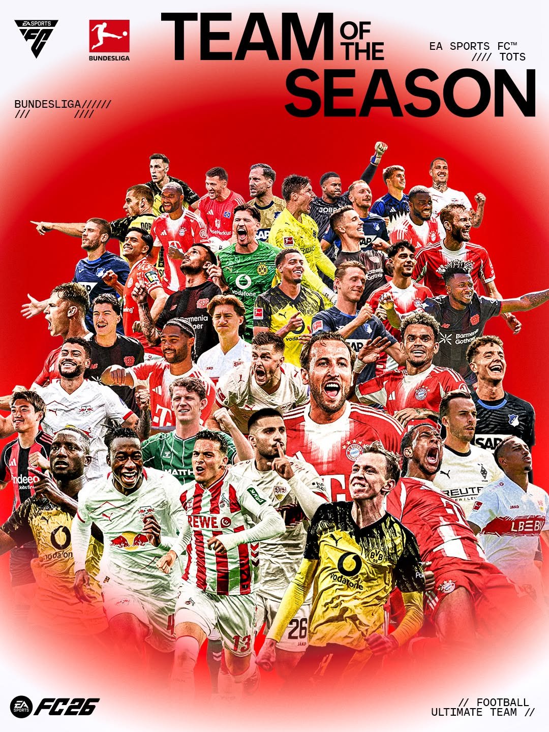 Photo by EA SPORTS FC (deutsch) on April 15, 2026. May be an image of football, soccer, sports equipment, poster, stadium and text that says 'EASPOATS BUNDESLIGA BUNDESLIGA!!!!!1 /l/ BUNDESLIGA/!!/ BUNDESL /// TEAM OF THE EA SPORTS FCTM //// TOTS SEASON Jeaa ndeeo ATTH NAYE REWE C พชลอก RELITF LBEB 26 FC26 FOOTBALL ULTIMATE ULTIMATETE TEAM'.