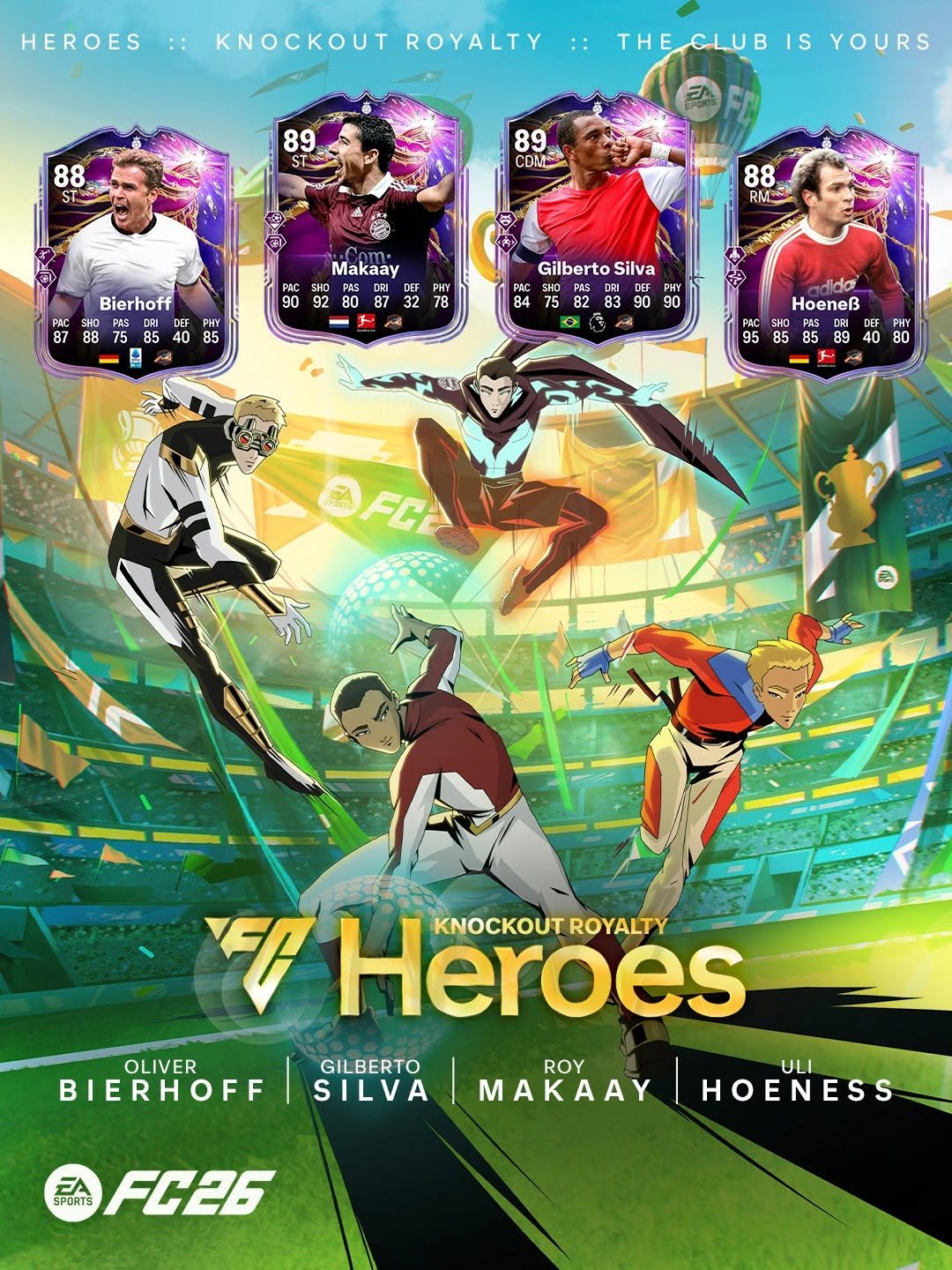 Photo by EA SPORTS FC (deutsch) on February 12, 2026. May be an image of poster and text that says 'HEROES υT ROYALTY 88 ST 89 THECLUBIS S YOURS THE 89 CONE 88 RM Makaay 90 Bierhoff DEF PHY 87 85 DR 7585 55 4 80 0 8 PHY 78 Gilberto GilbertoSilva Silva PAC PHY 84 8 82 82 90 3 95 Hoeneß PAS o0 858940 85 80 AFCE OLIVER BIERHOFF ER Heroes KNOCKOUTROYALTY ROYALTY GILBERTO ROY ULI SILVA MAKAAY HOENESS SPORTS FC26'.