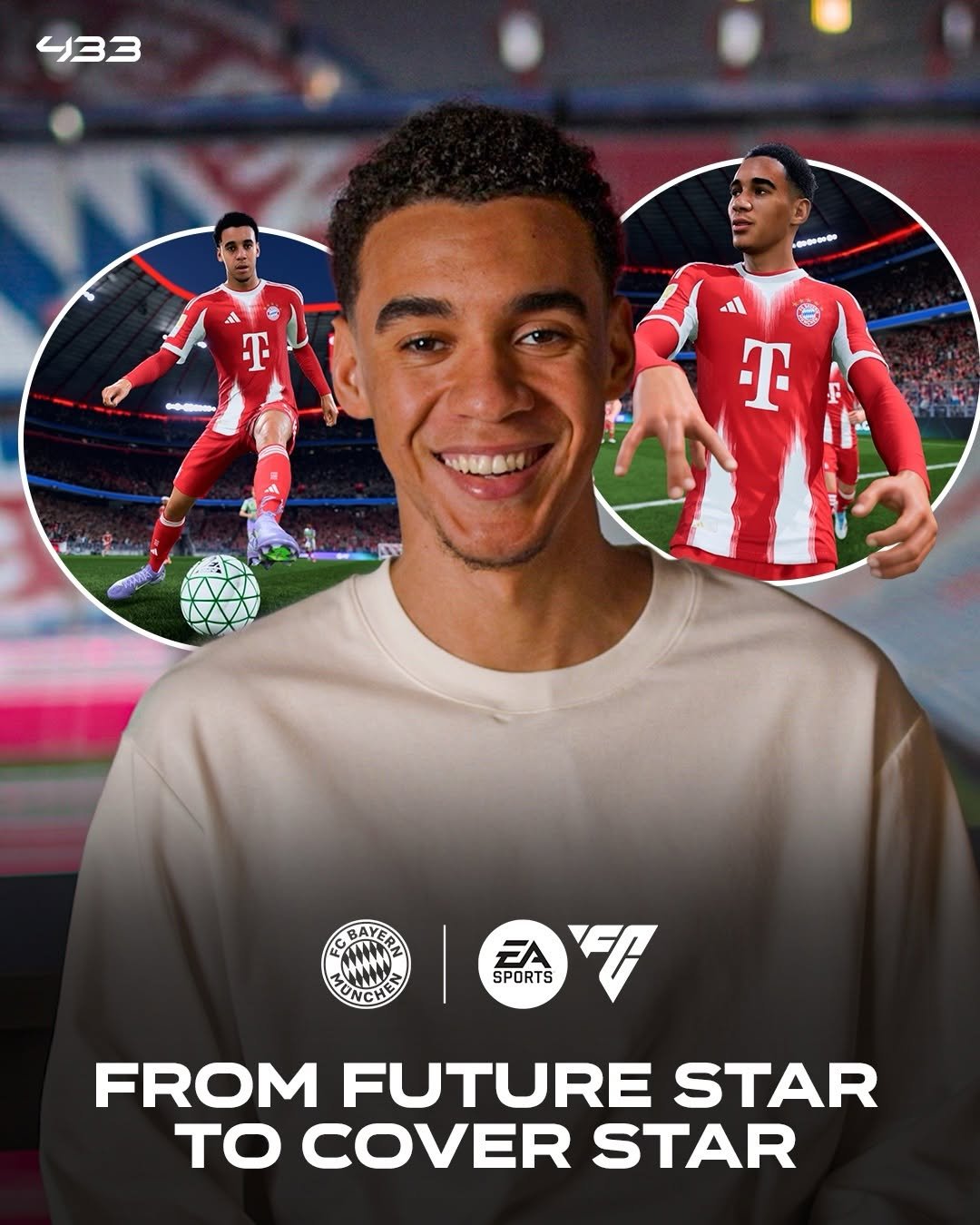 Photo shared by 433 on February 02, 2026 tagging @jamalmusiala10, and @easportsfcde. May be an image of football, soccer, magazine, ball, sports equipment, card and text that says '433 """ 비때 T 내용전61 M UIVE EA SPORTS প্ FROM FUTURE STAR ΤO COVER STAR'.