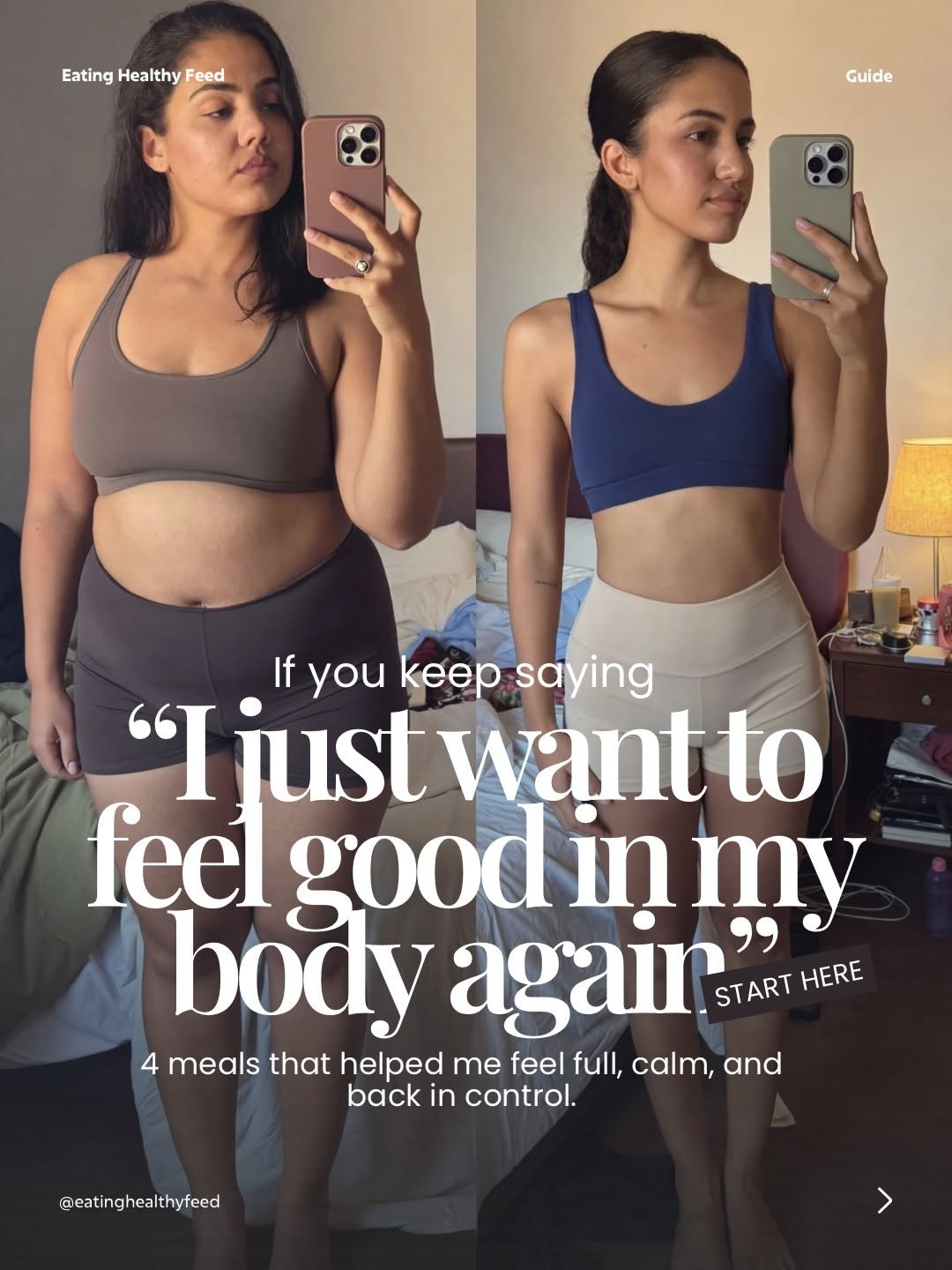 Photo shared by Eating Healthy Feed | Healthy Food & Lifestyle on March 29, 2026 tagging @cleaneatguide. May be an image of one or more people, people standing, activewear, bra and text that says 'Eating EatingHealthyFeed Healthy Feed Guide If you keep saying "I just want to feel good in my body agaın START HERE 4 meals that helped me feel full, calm, and back in control. @eatinghealthyfeed >'.