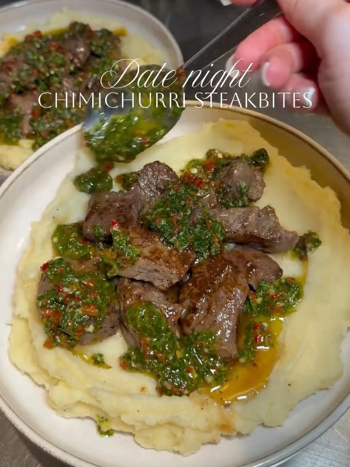 eatinghealthytoday 게시물 이미지: Chimichurri Rib Eye Bites over Buttery Mash...
