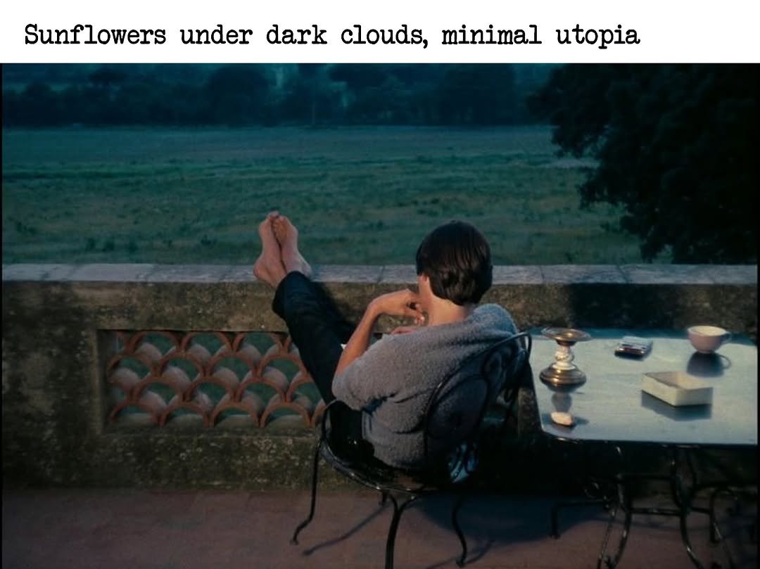 Photo by Echo in Eco on September 15, 2025. May be a meme of 1 person, cigarette, pie, outdoors and text that says 'Suni Sunflowers under dark clouds, minimal utopia'.
