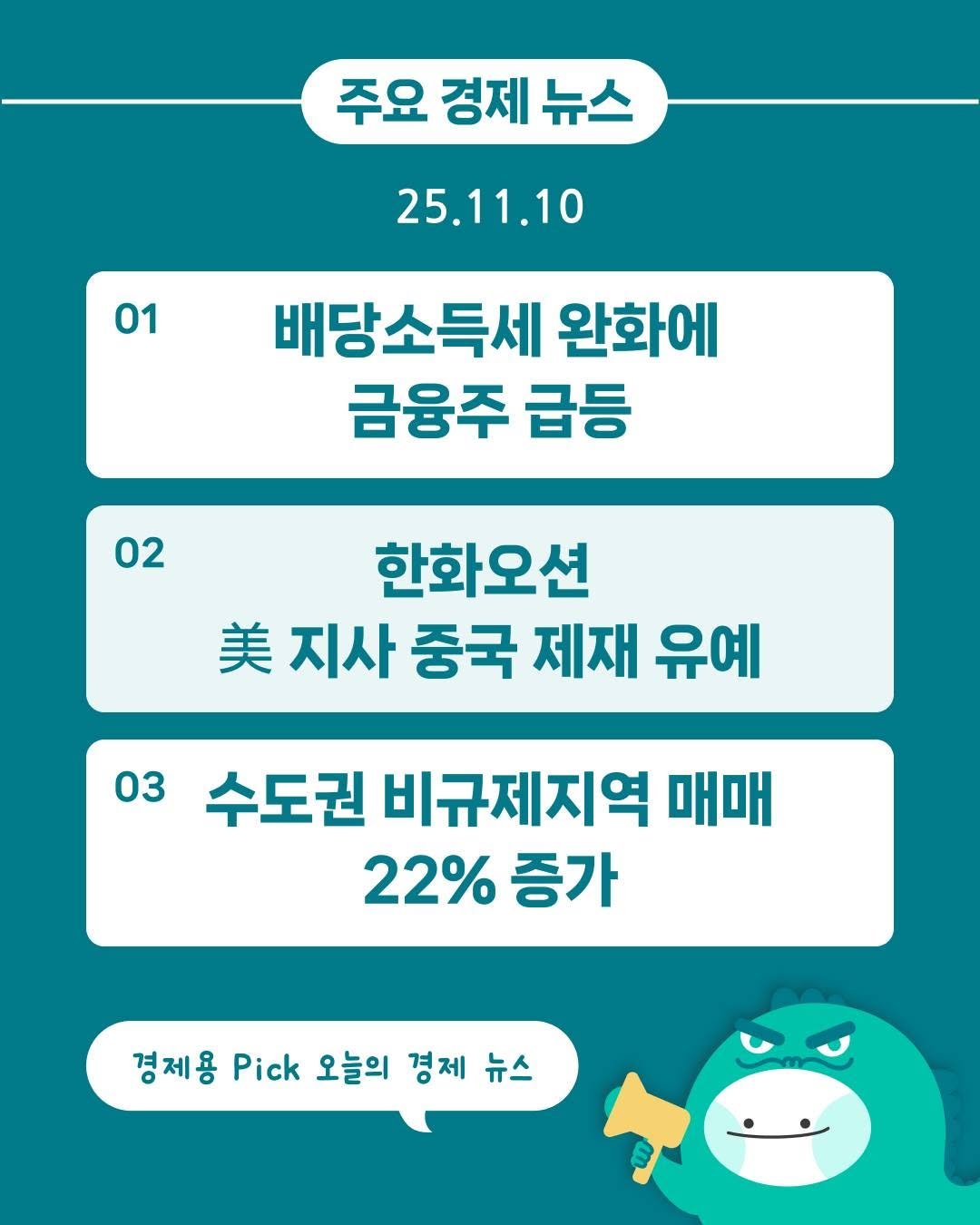 Photo by 경제용_서울경제신문 on November 09, 2025. May be an image of text that says '주요 경제 뉴스 25.11.10 01 배당소득세 완화에 금융주 급등 02 한화오션 美 지사 중국 제재 유예 03 수도권 비규제지역 매매 22% 증가 경제용 Pick 오늘의 경제 뉴스'.