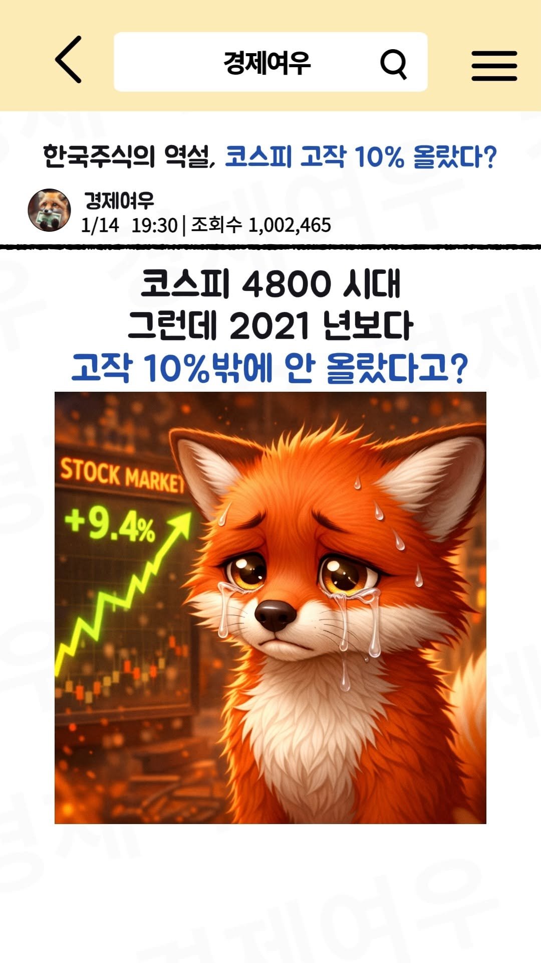 economyfox1 게시물 이미지: 한국주식의 역설, 코스피 고작 10% 올랐다?

#경제공부 #경제뉴스 #코스피...