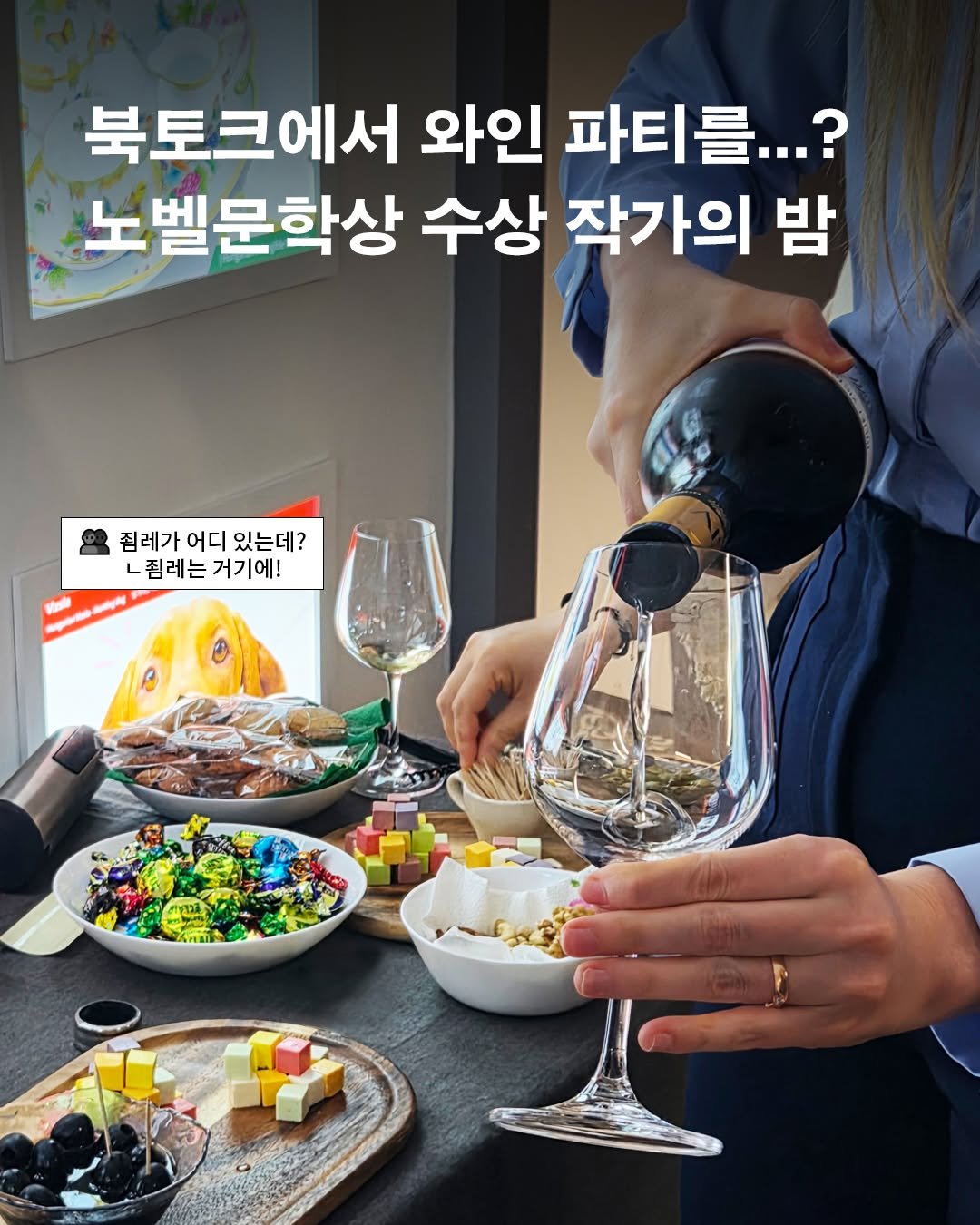 Photo by 은행나무 on April 24, 2026. May be an image of wine, wine bottle, wine glass and text that says '북토크에서 와인 파티를...? 노벨문학상 수상 작가의 밤 짊레가 어디 있는데? .짐레는거기에! 찜레는 거기에!'.