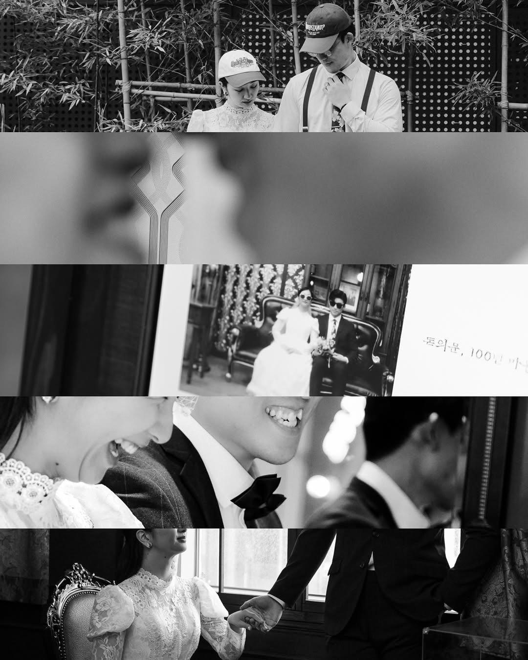 Photo by 이도스냅 | 힙한웨딩스냅 | 웨딩스냅작가 on February 11, 2026. May be a black-and-white image of one or more people, people kissing, dinner jacket, dress, wedding and text.