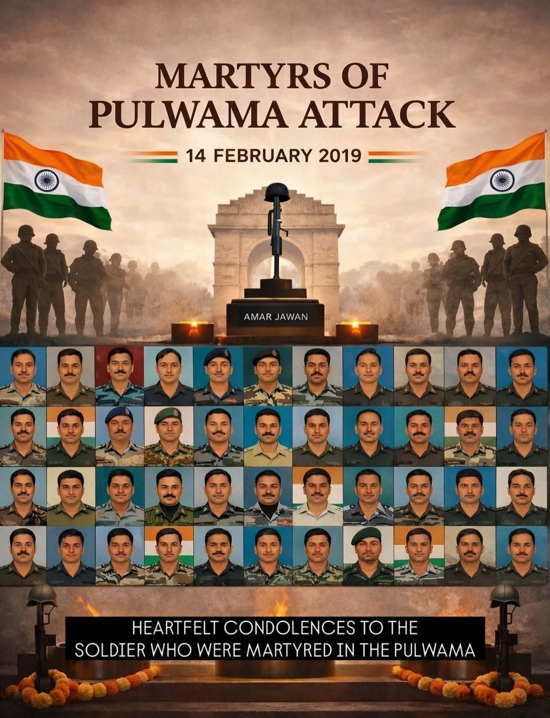 Photo by Moleram soni in शहडोल. May be an image of standing, poster, flag and text that says 'MARTYRS OF PULWAMA ATTACK 14 FEBRUARY 2019 O AMARJAWAN AMAR JAWAN HEARTFELT CONDOLENCES TO THE SOLDIER WHO WERE MARTY YRED IN THE PULWAMA'.