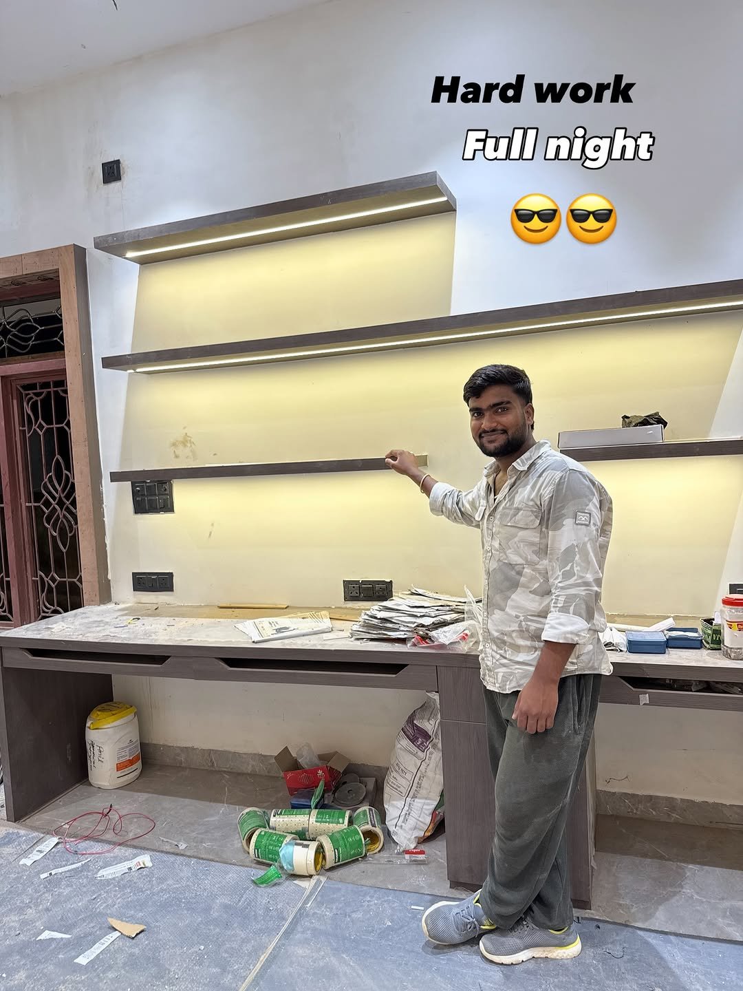 Photo by Moleram soni on September 18, 2025. May be an image of ‎1 person, shelf, rack, desk, woodwork, cabinet, indoors and ‎text that says '‎Hard work Full night بم‎'‎‎.